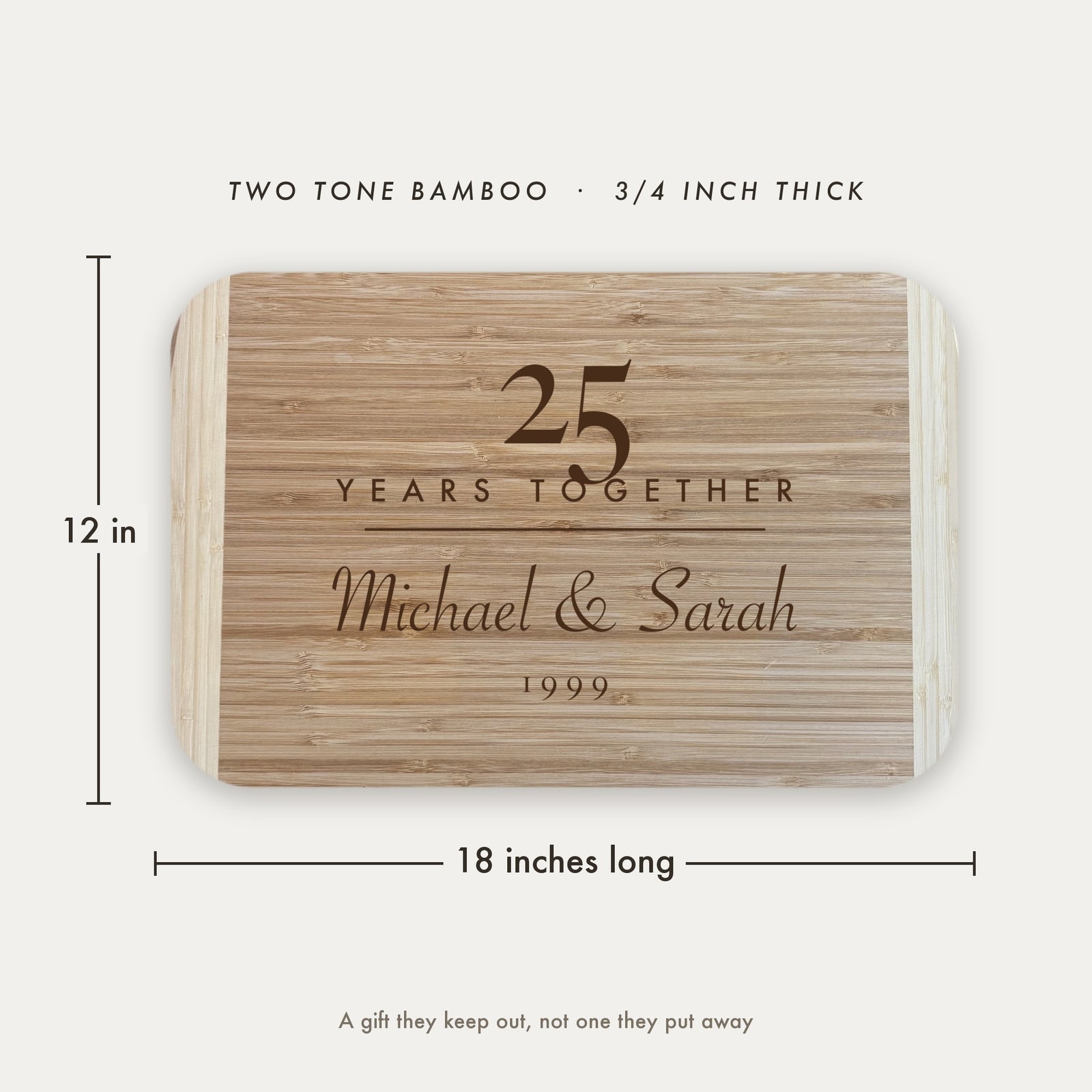 Dimension diagram of the personalized years together anniversary cutting board showing 18 inches long by 12 inches wide, in two tone bamboo three quarters of an inch thick.