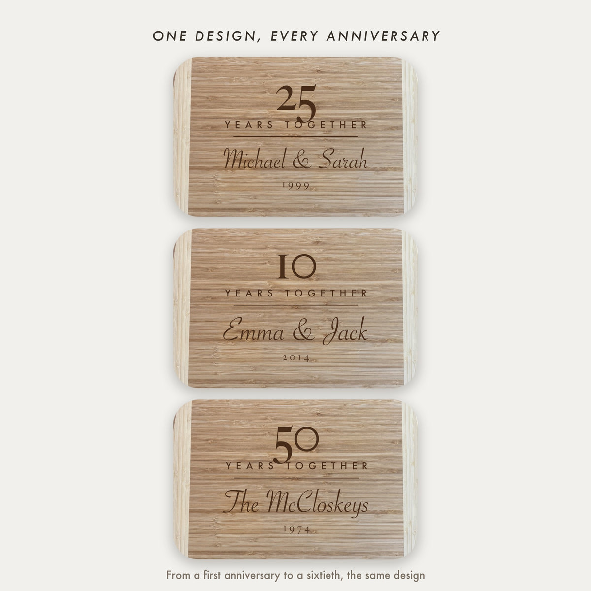 Three personalized anniversary cutting boards engraved 25, 10 and 50 YEARS TOGETHER, showing that one design covers every anniversary from first to sixtieth.