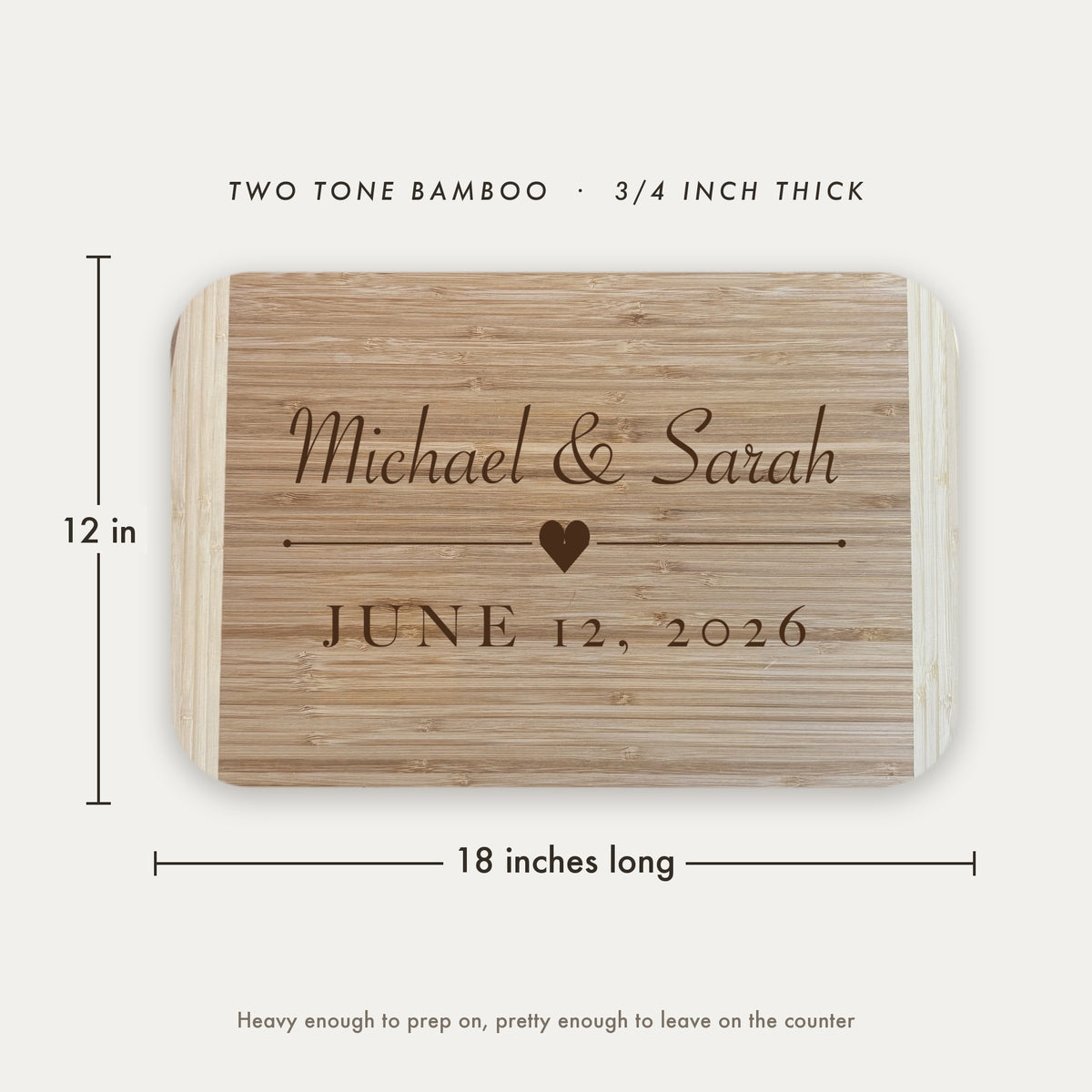 Dimension diagram of the personalized couples cutting board showing 18 inches long by 12 inches wide, in two tone bamboo at three quarters of an inch thick.