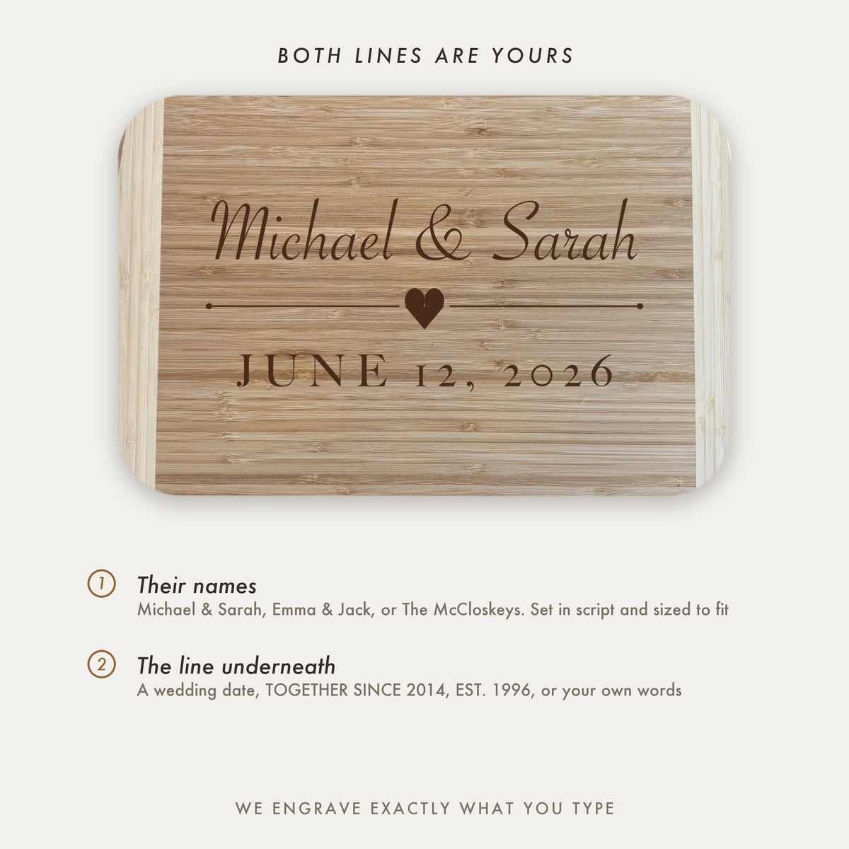 Personalization guide for the couples cutting board showing the two engraved lines, the names in script and the free line underneath.