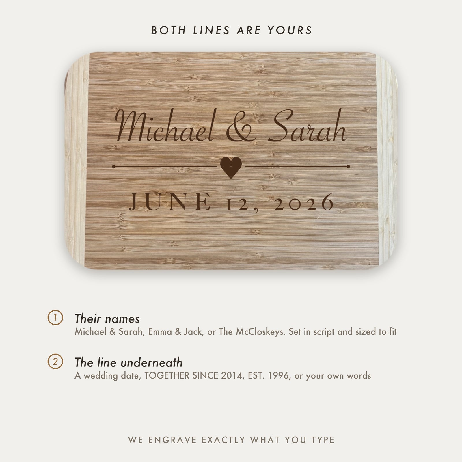 Personalization guide for the couples cutting board showing the two engraved lines, the names in script and the free line underneath.