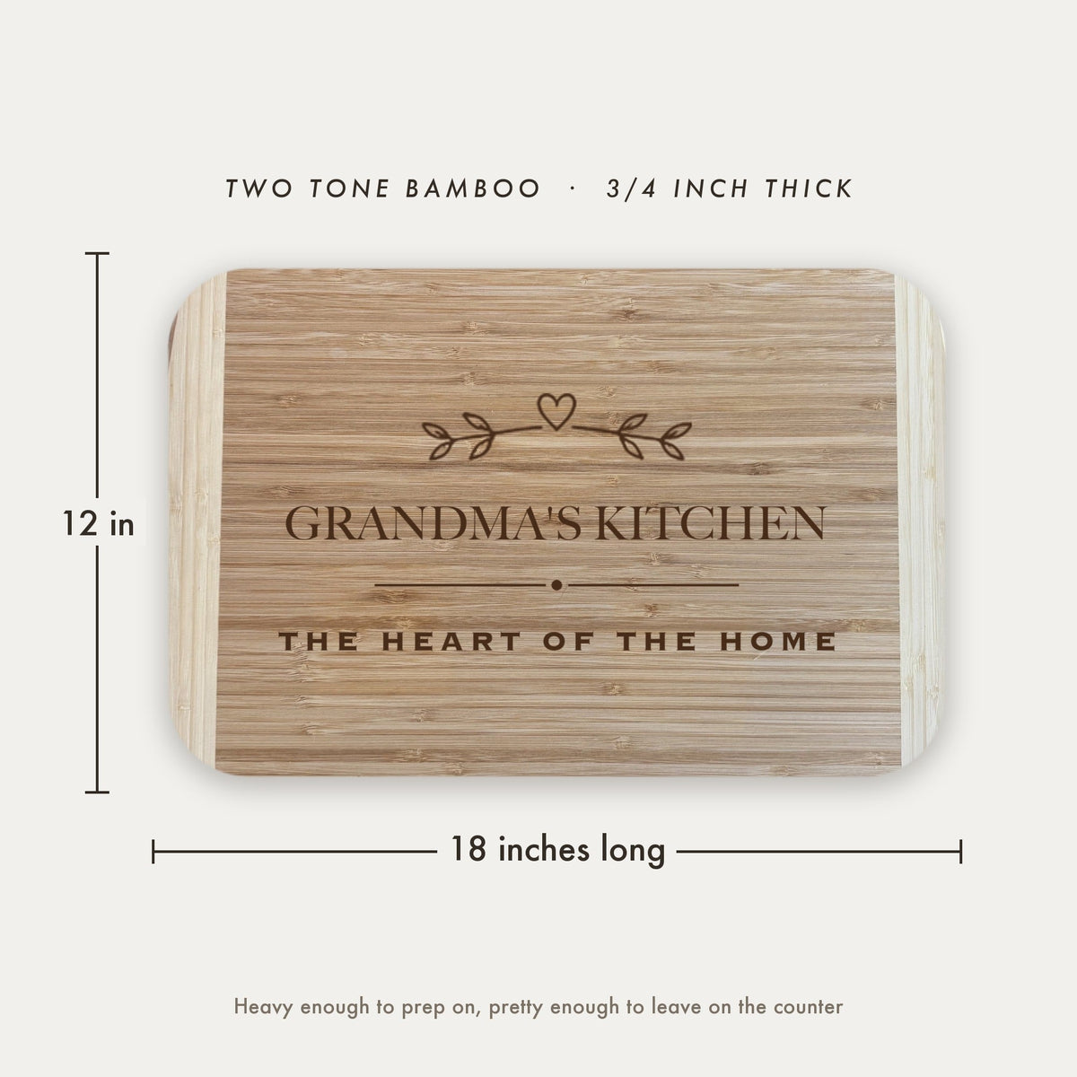 Dimension diagram of the personalized Grandmas Kitchen cutting board showing 18 inches long by 12 inches wide, in two tone bamboo at three quarters of an inch thick.