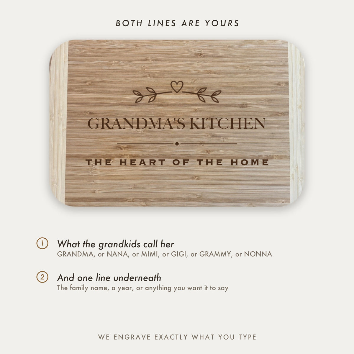 Personalization guide for the Grandmas Kitchen cutting board showing the two engraved lines, what the grandkids call her and the free line underneath.