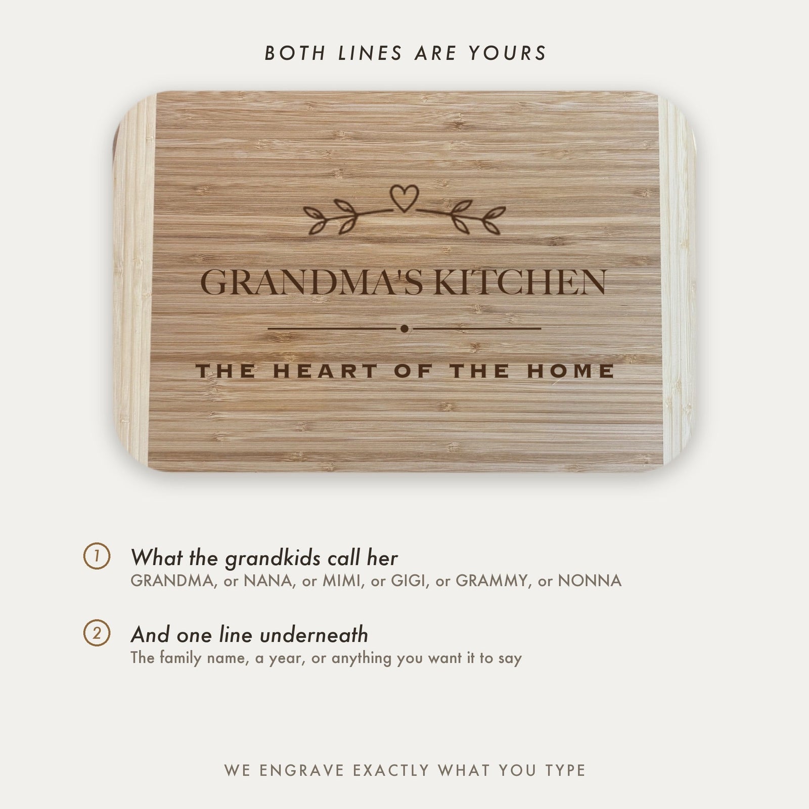 Personalization guide for the Grandmas Kitchen cutting board showing the two engraved lines, what the grandkids call her and the free line underneath.