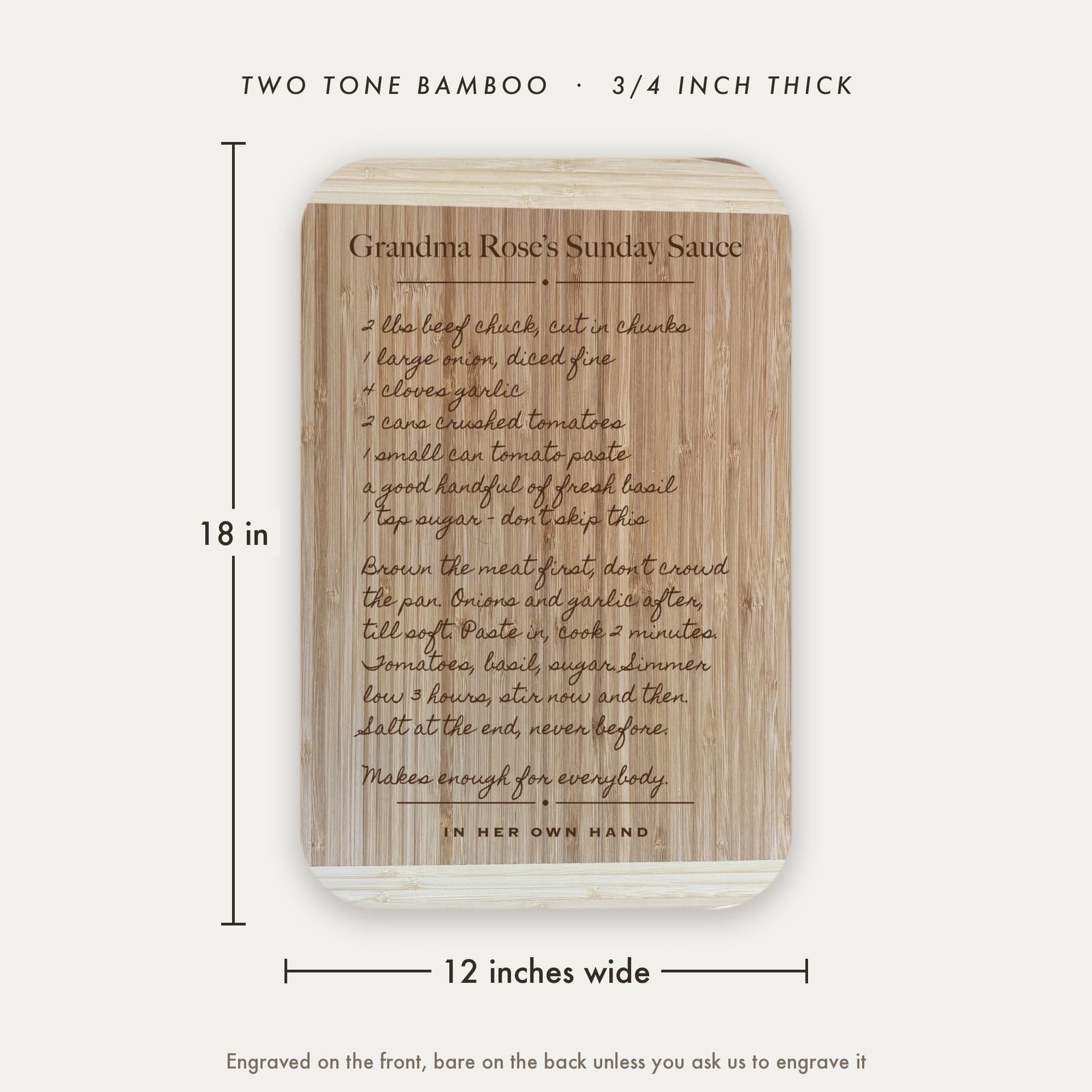 Dimension diagram of the personalized handwritten recipe cutting board showing 18 inches tall by 12 inches wide in two tone bamboo, three quarters of an inch thick.