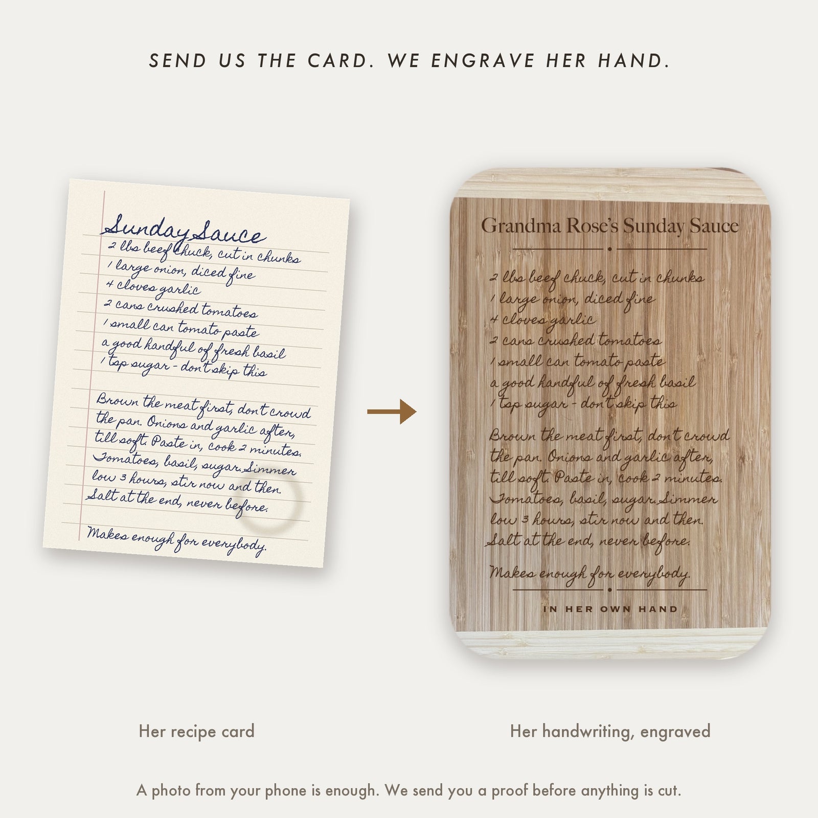 A handwritten recipe card beside the finished engraved bamboo cutting board, showing how a photo of her recipe becomes the engraving exactly as she wrote it.
