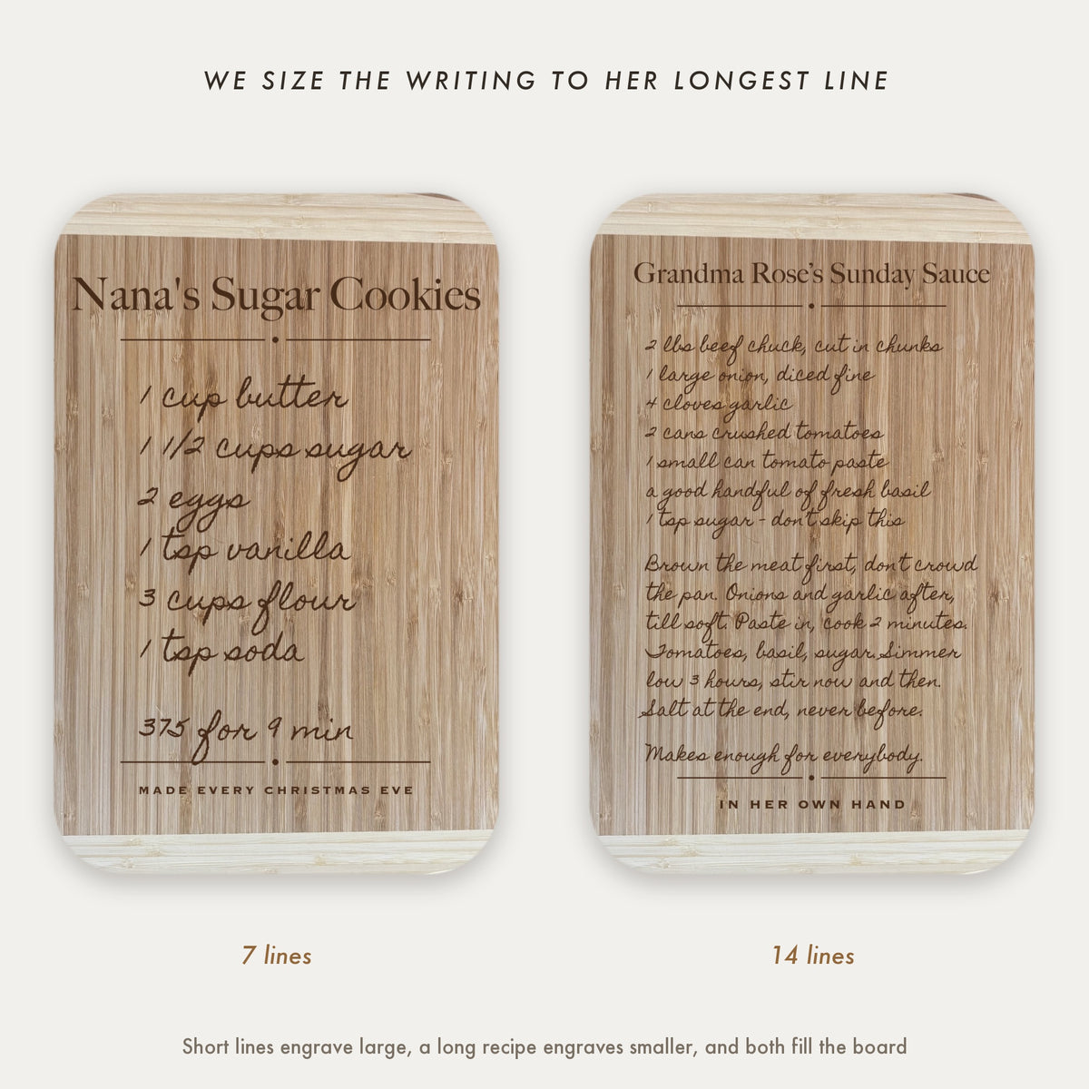 Two engraved recipe cutting boards side by side, a seven line cookie recipe engraved large and a fourteen line sauce recipe engraved smaller, both filling the bamboo board.