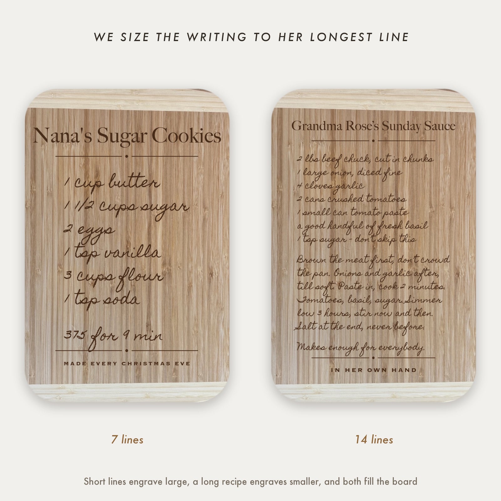 Two engraved recipe cutting boards side by side, a seven line cookie recipe engraved large and a fourteen line sauce recipe engraved smaller, both filling the bamboo board.