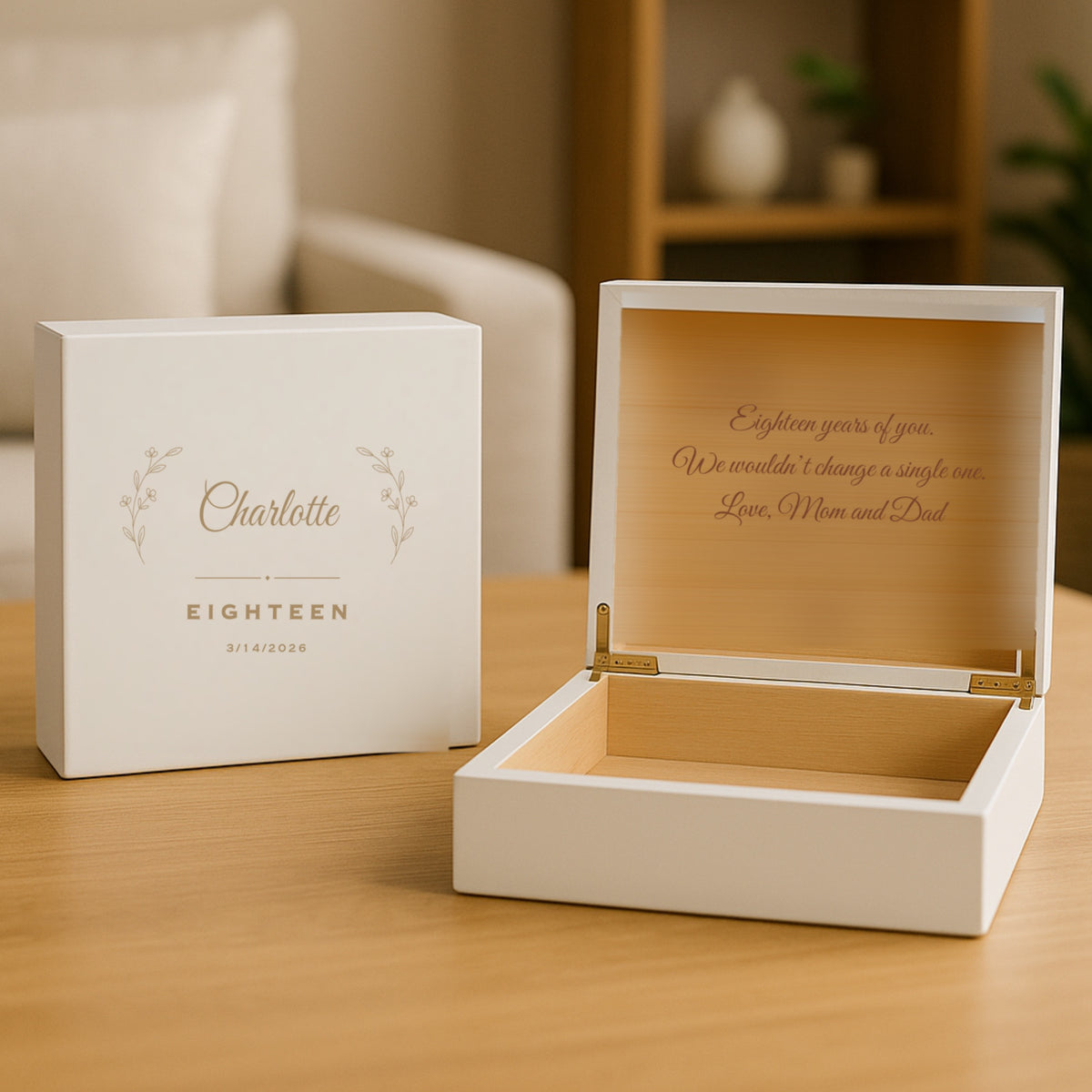 Personalized milestone birthday keepsake box shown closed and open together, the name Charlotte engraved on the lid and a family message engraved inside on the cedar.