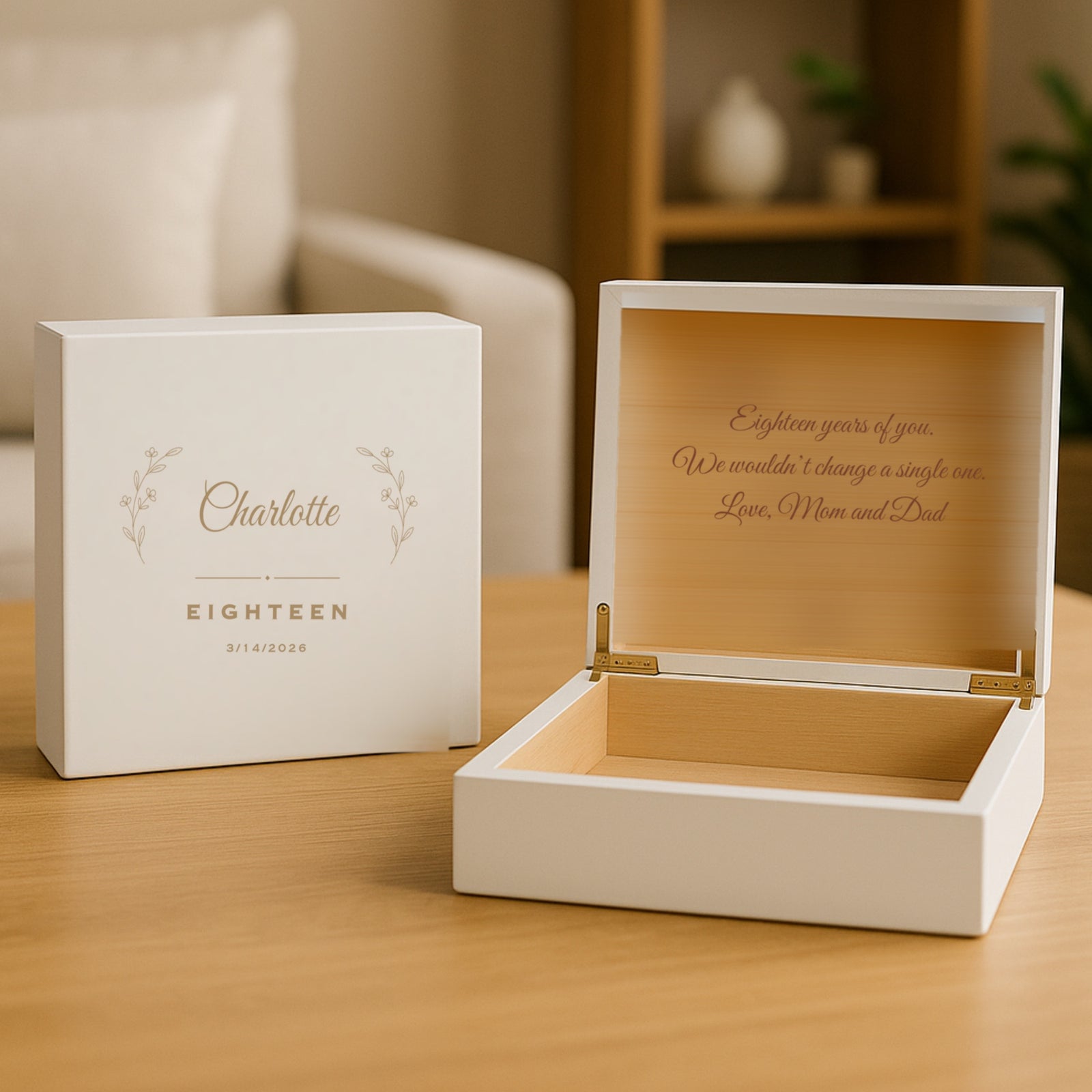 Personalized milestone birthday keepsake box shown closed and open together, the name Charlotte engraved on the lid and a family message engraved inside on the cedar.