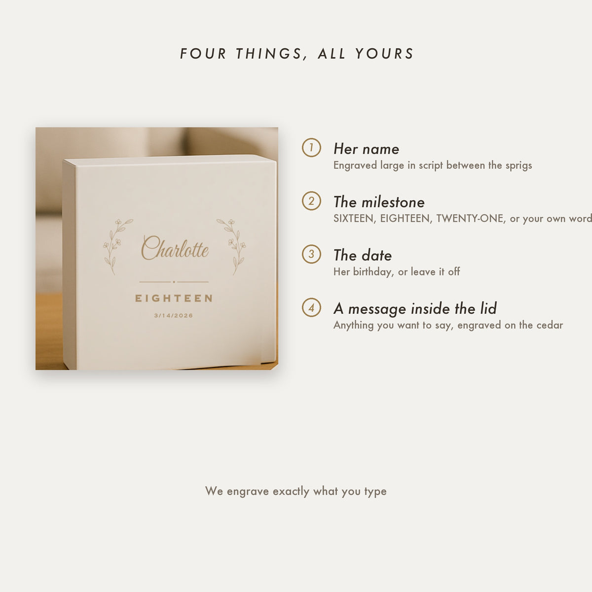 Personalization guide for the milestone birthday keepsake box showing the four engraved elements, her name, the milestone, the date and a message inside the lid.