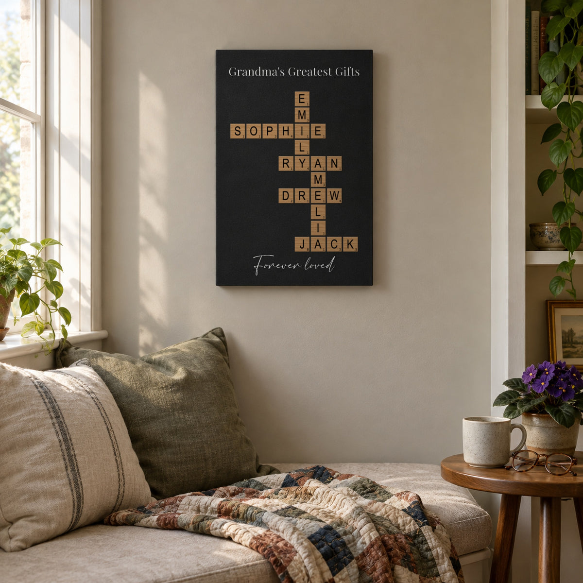 Gift for an 80 year old woman: a Grandma's Greatest Gifts crossword sign with the grandkids' names above a cozy window seat and quilt