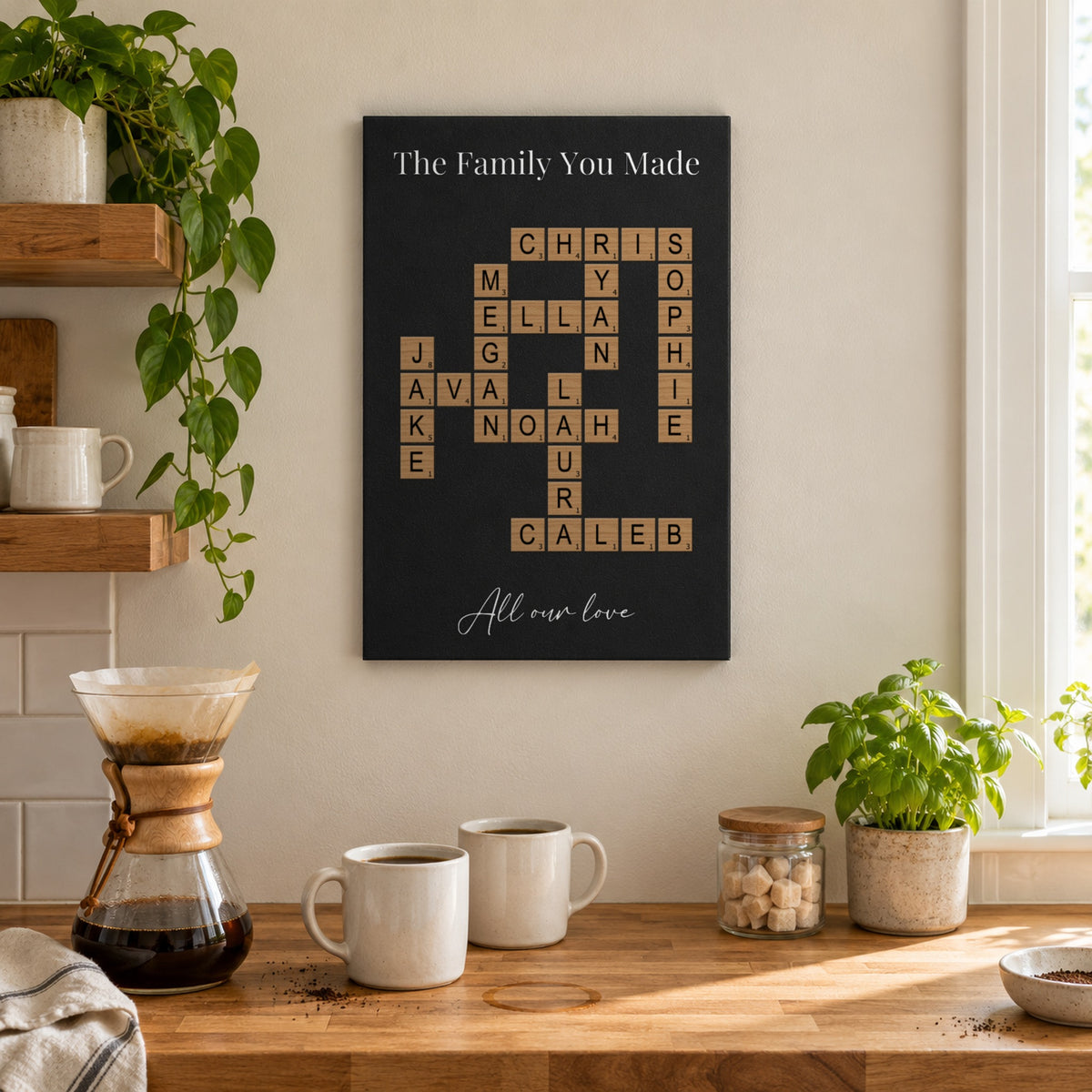 Gift for Mom from daughter or son: The Family You Made crossword sign with 10 names from her kids to the grandkids above a coffee bar