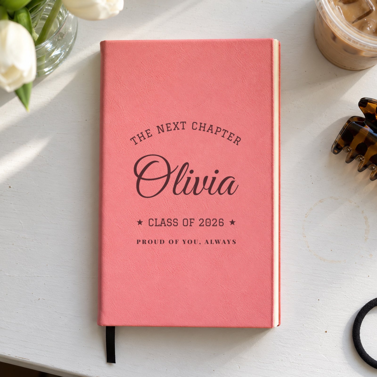 Pink collegiate arch journal engraved The Next Chapter, Olivia, Class of 2026 and Proud of you, always, a high school graduation gift for her