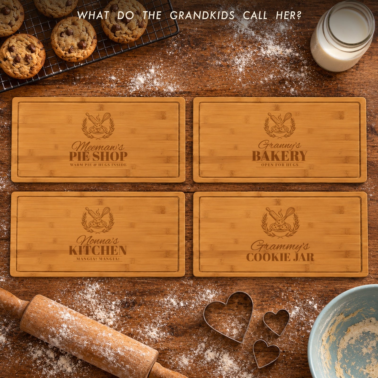 Four grandma bakery cutting boards: Meemaw's Pie Shop, Granny's Bakery Open for Hugs, Nonna's Kitchen and Grammy's Cookie Jar, gift ideas for grandma