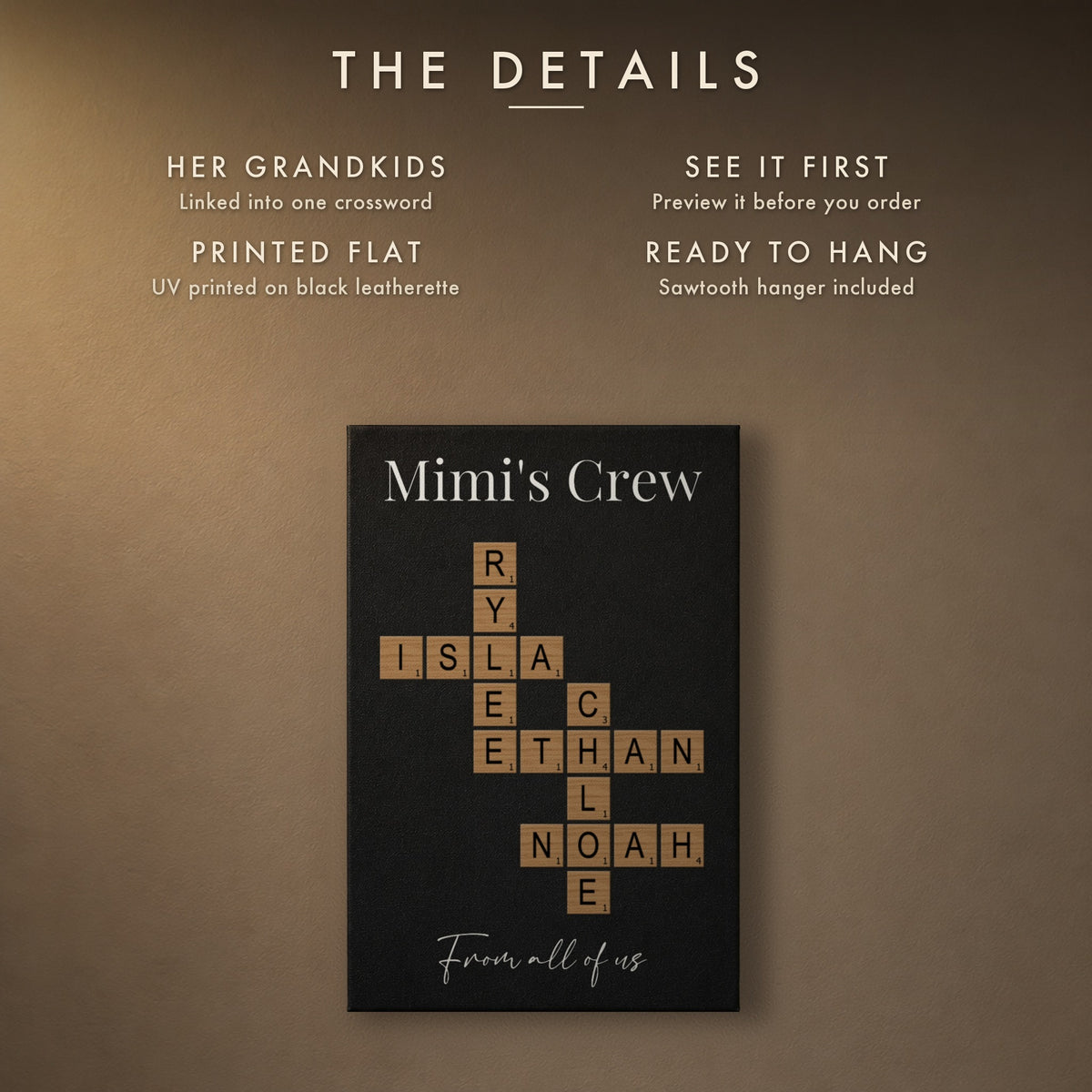 The details of the grandkids crossword sign for Grandma: her grandkids linked into one crossword, preview first, UV printed, ready to hang
