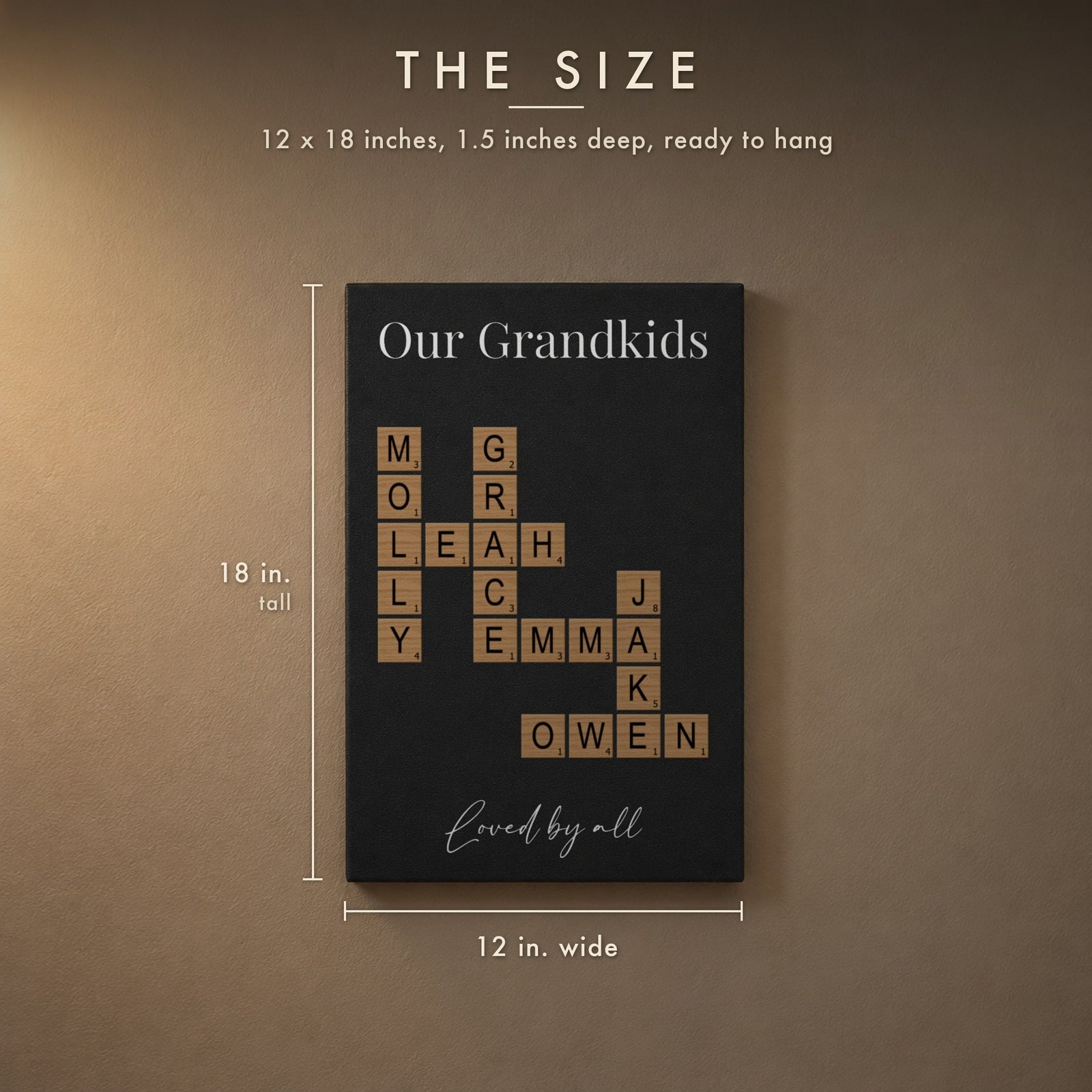 Grandma crossword wall sign size: 12 inches wide, 18 inches tall and 1.5 inches deep, shown with an Our Grandkids crossword of names