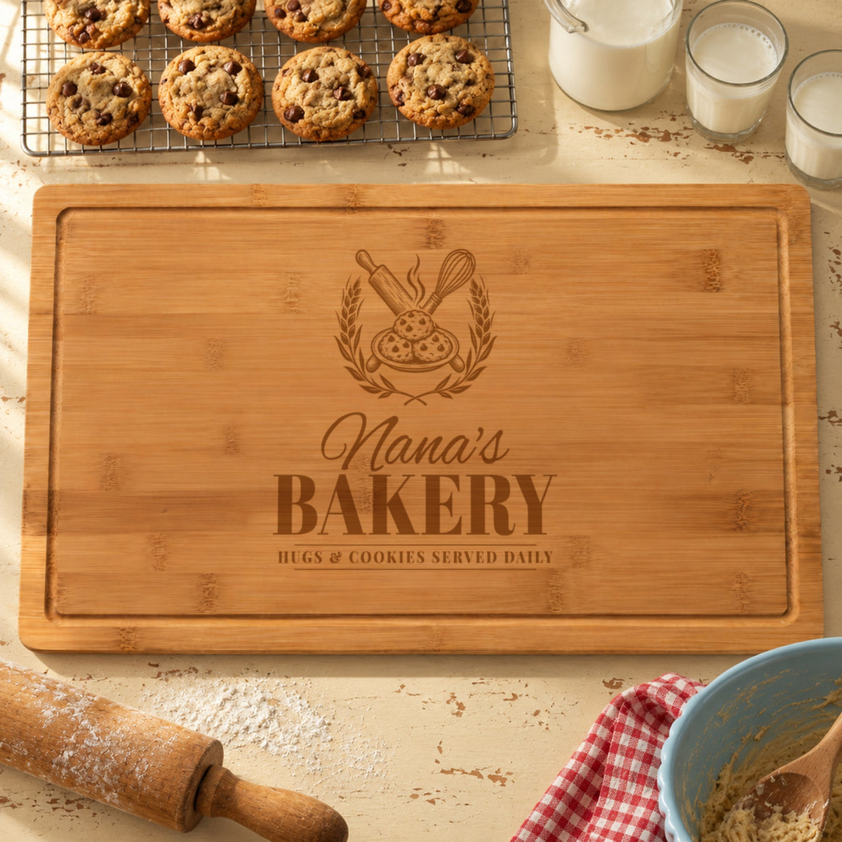 Grandma cutting board engraved like a vintage bakery sign, Nana's BAKERY HUGS &amp; COOKIES SERVED DAILY, with a rolling pin and cookies, beside fresh baked cookies and milk