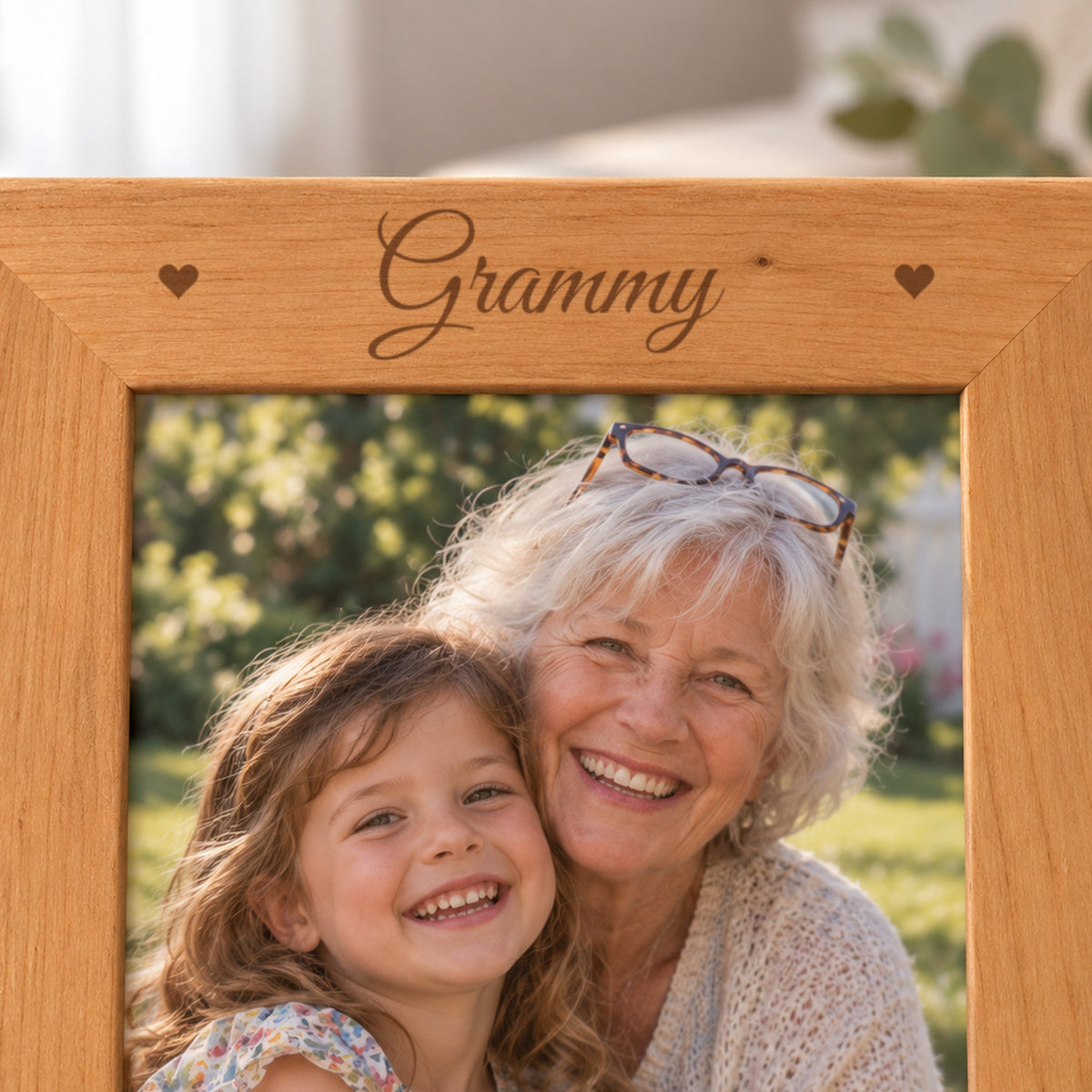 Close-up of the laser engraving on the red alder grandma frame: Grammy in flowing script with a small heart in each top corner, burned into the wood