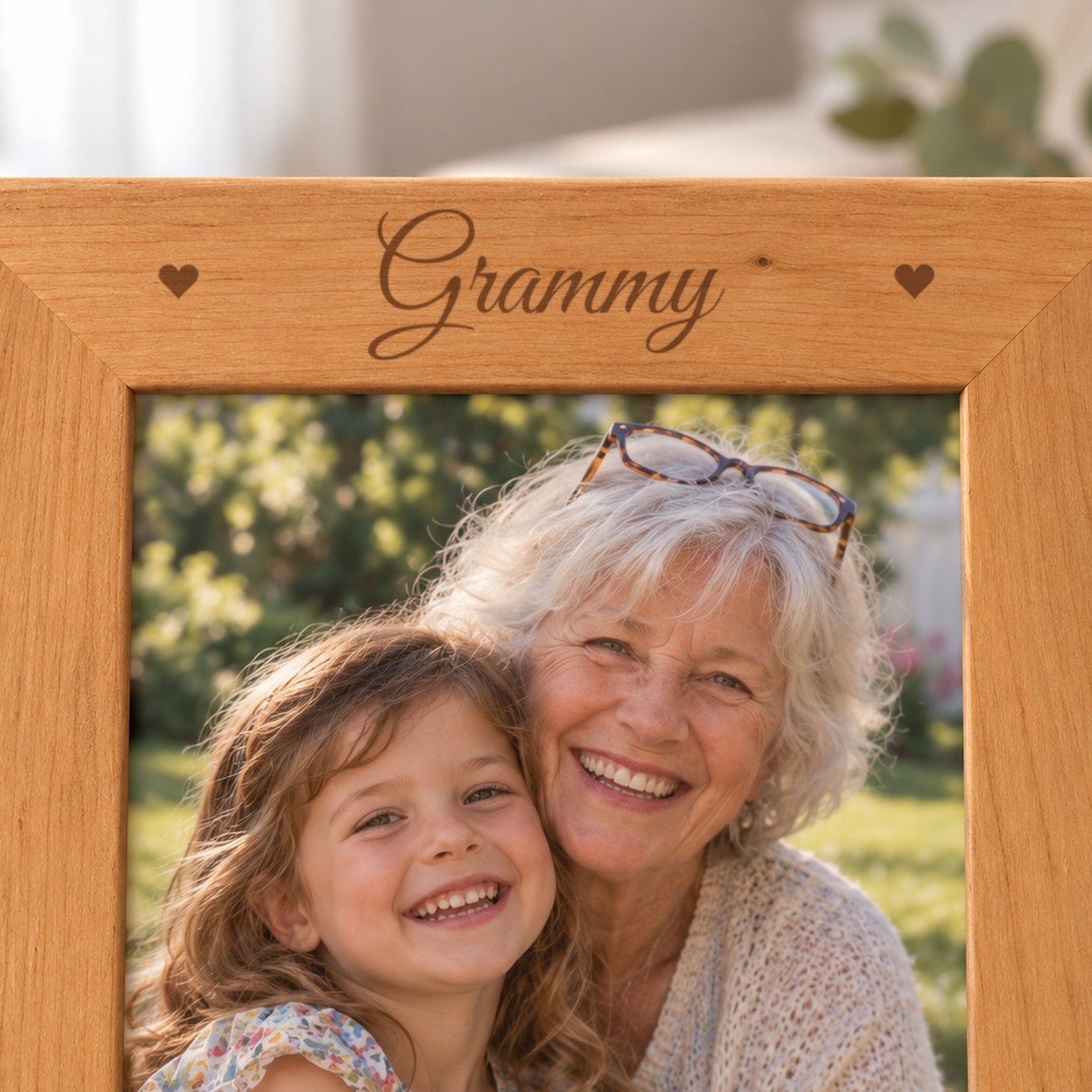 Close-up of the laser engraving on the red alder grandma frame: Grammy in flowing script with a small heart in each top corner, burned into the wood