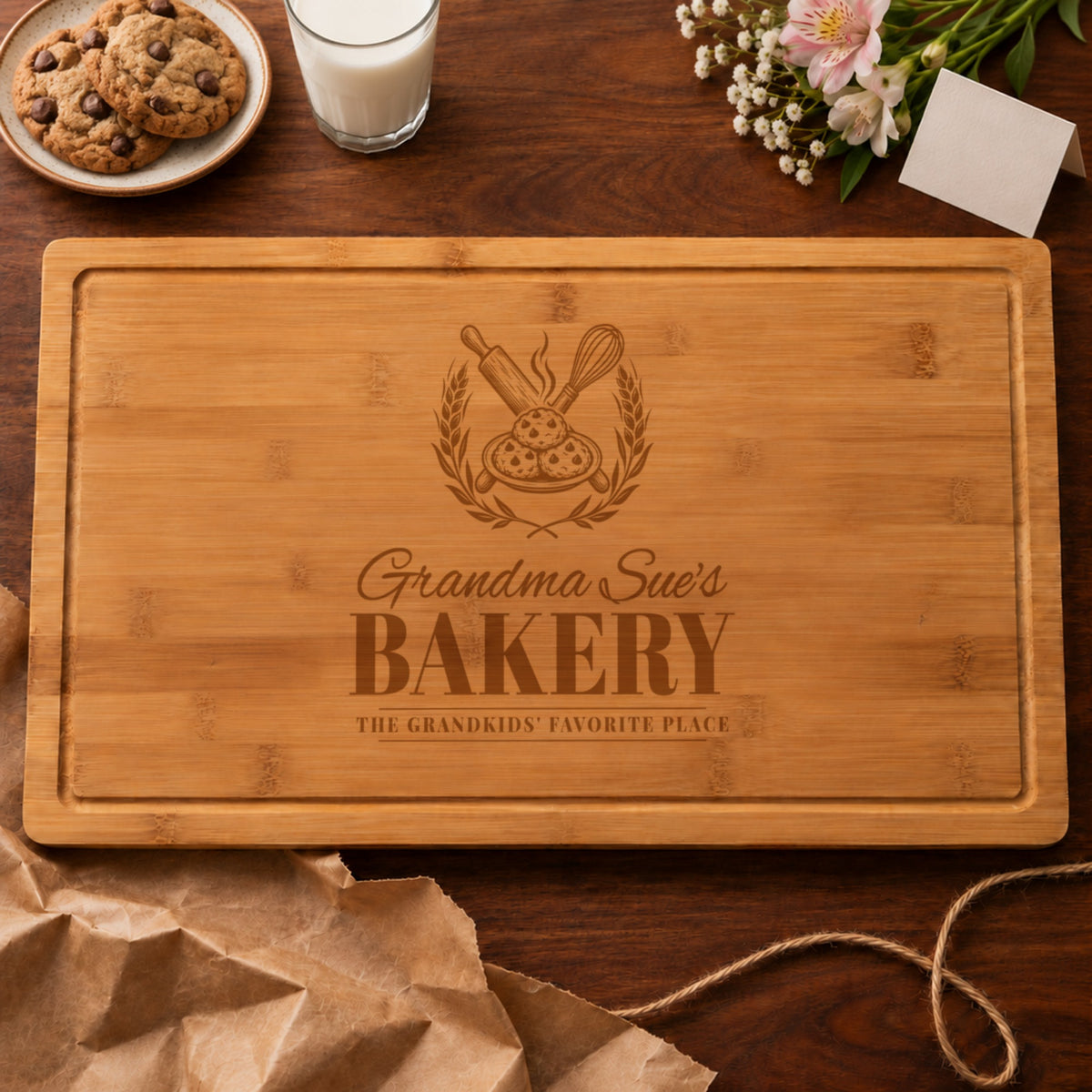 Grandma gift from the grandkids: cutting board engraved Grandma Sue's BAKERY THE GRANDKIDS' FAVORITE PLACE, unwrapped from kraft paper beside cookies