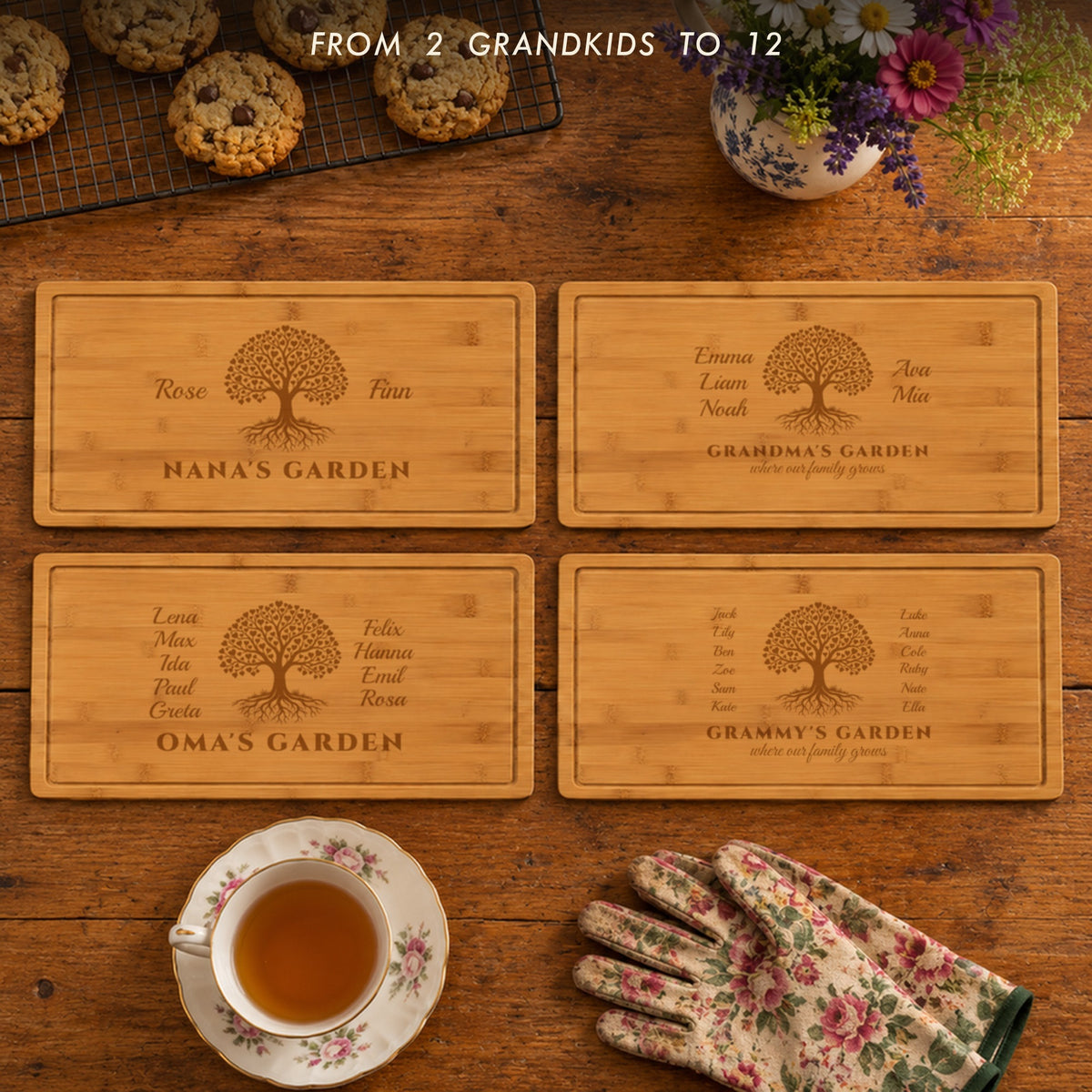 Four grandma cutting boards engraved with 2, 5, 9 and 12 grandkids' names: Nana's Garden, Grandma's Garden, Oma's Garden and Grammy's Garden