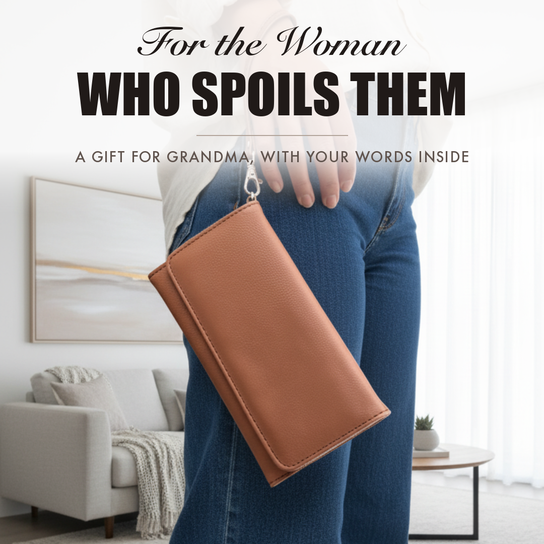Brown faux leather wristlet held by a woman, captioned For the Woman Who Spoils Them, shown as a personalized gift for Grandma.