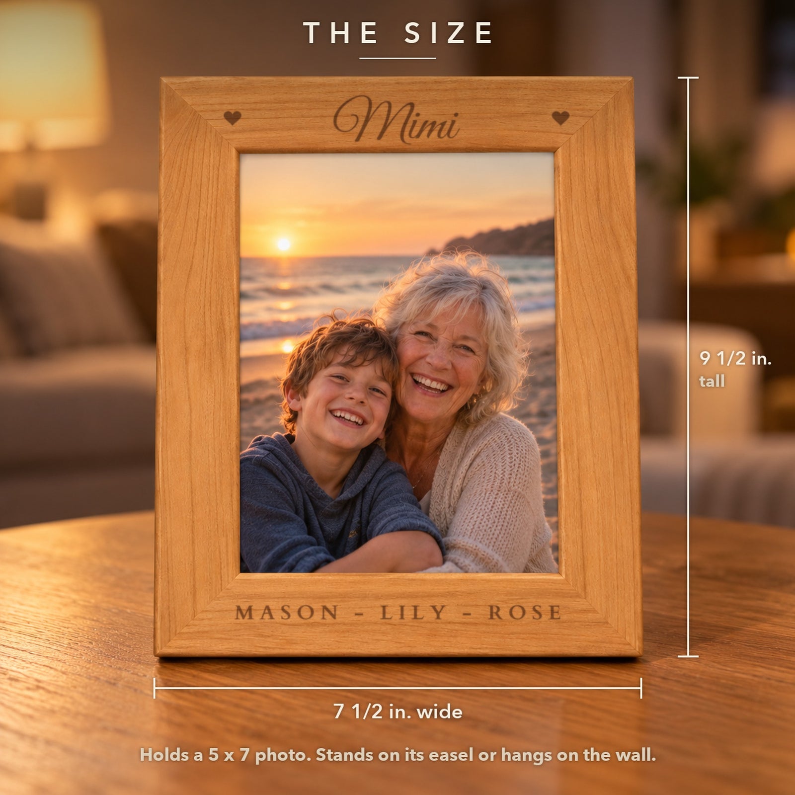 Size of the personalized grandma frame, 7 1/2 inches wide by 9 1/2 inches tall, holding a 5 x 7 photo, engraved Mimi and MASON - LILY - ROSE