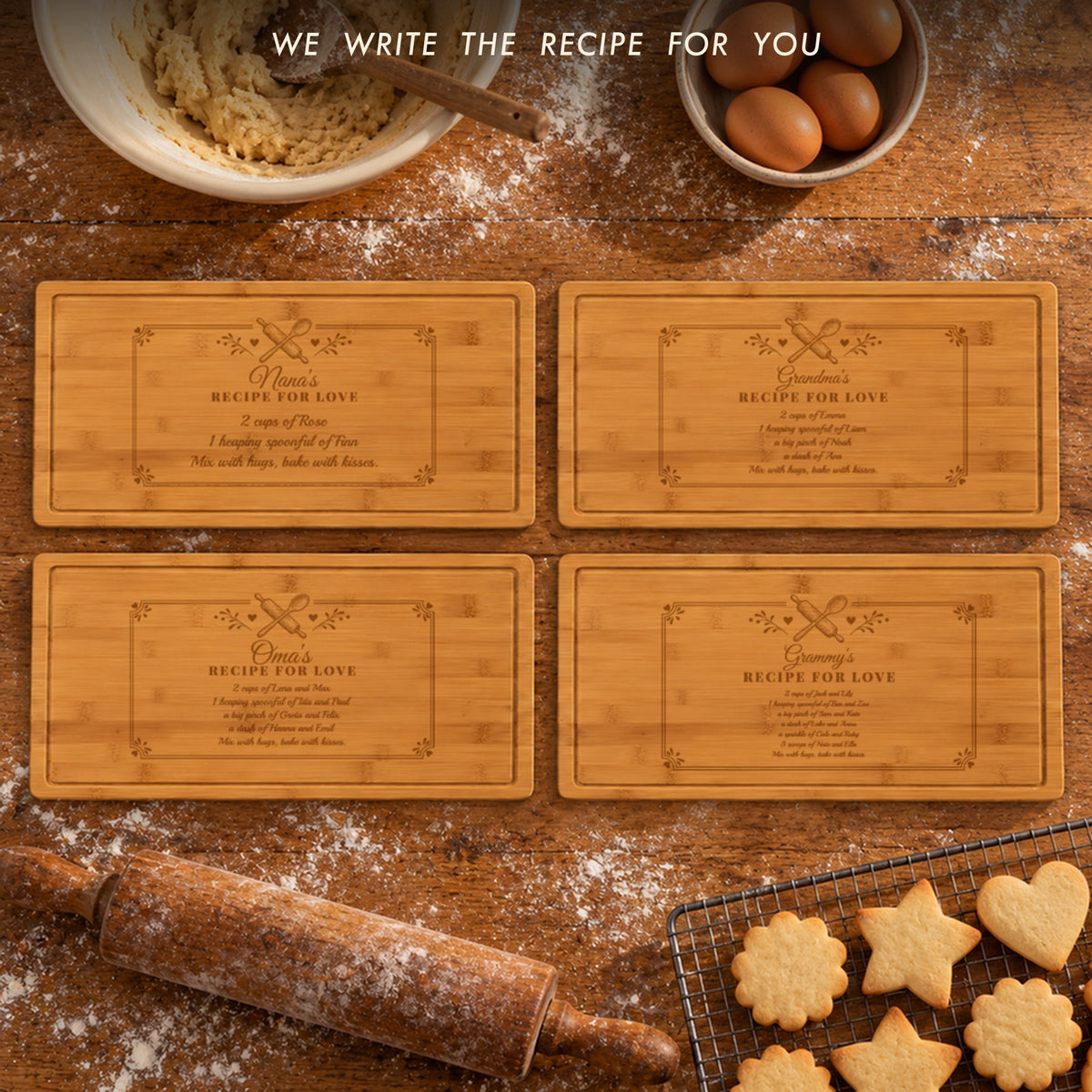 Four grandma recipe cutting boards with 2, 4, 8 and 12 grandkids' names: Nana's, Grandma's, Oma's and Grammy's Recipe for Love