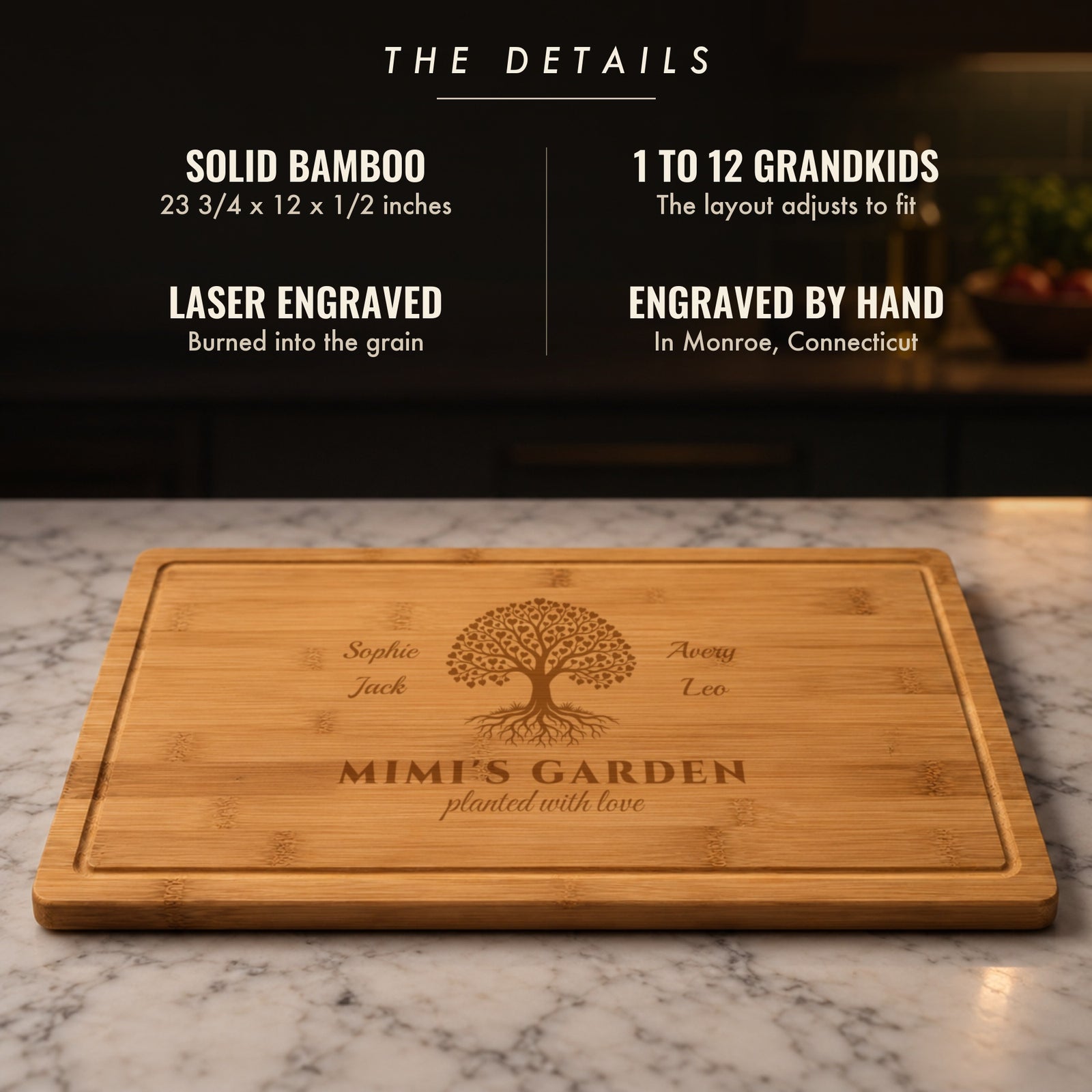 The details of the Grandma's Garden cutting board: solid bamboo, 23 3/4 by 12 inches, fits 1 to 12 grandkids, laser engraved by hand in Connecticut