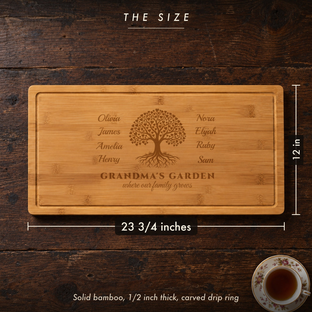 Size of the Grandma's Garden cutting board, 23 3/4 inches long by 12 inches wide in half inch solid bamboo, engraved with eight grandkids' names