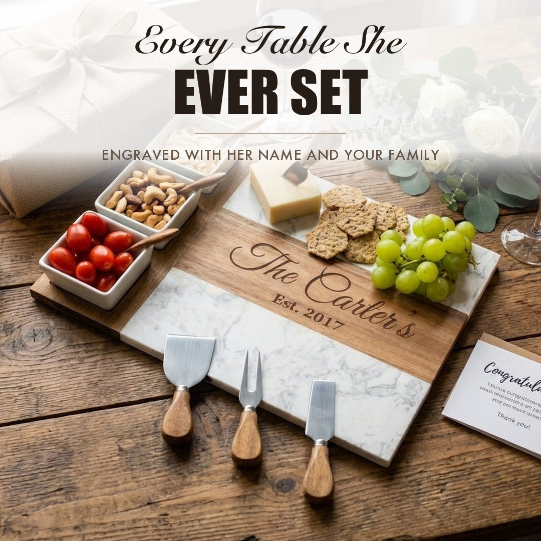 Marble charcuterie board captioned Every Table She Ever Set, shown as a personalized engraved gift for Grandma from the family.
