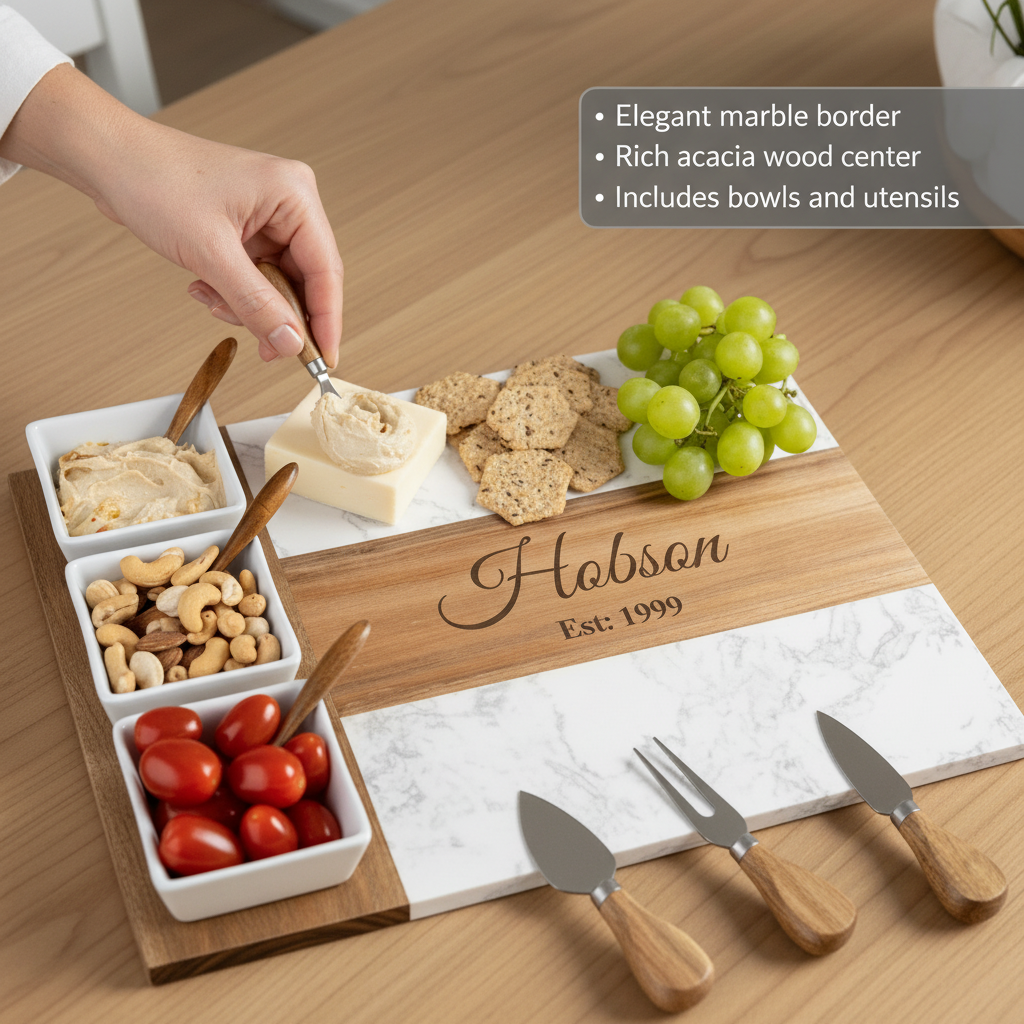 Hand serving cheese from the personalized marble and acacia charcuterie board, showing the engraved acacia wood centre panel.