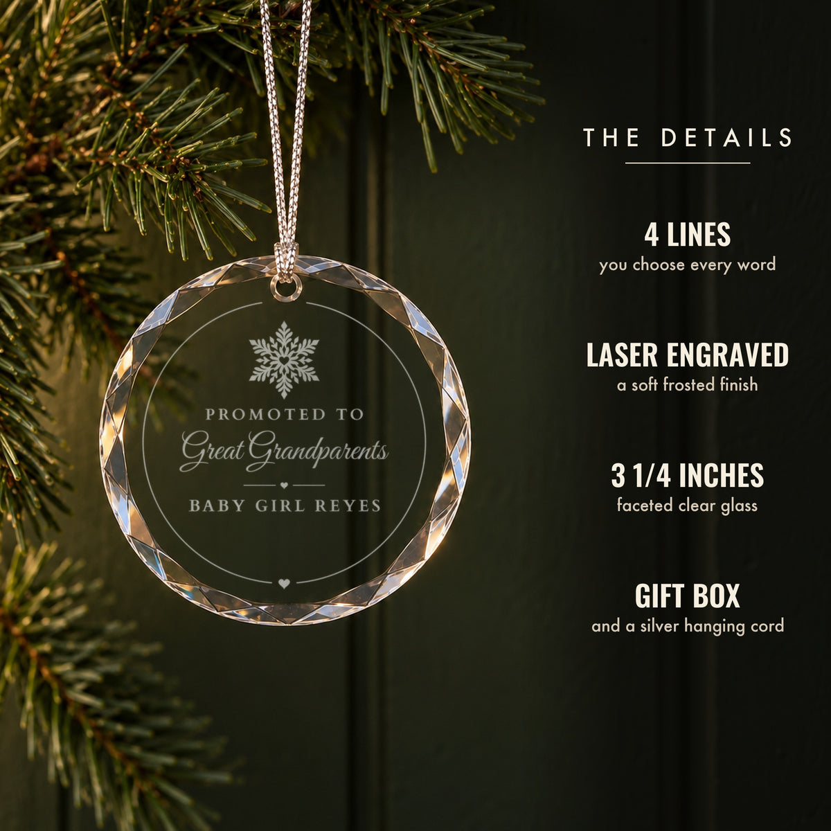 Details of the personalized grandparents ornament: four lines you write, frosted laser engraving, 3 1/4 inch faceted glass, gift box and silver cord