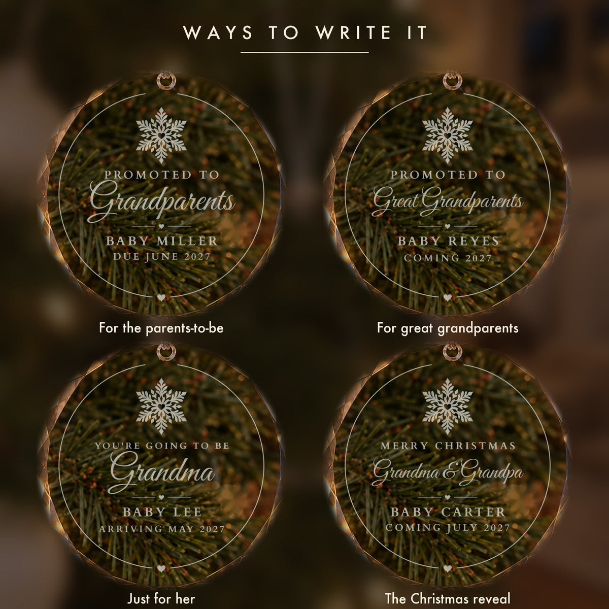 Four ways to write the grandparents reveal ornament: Promoted to Grandparents, Great Grandparents, You're going to be Grandma, Merry Christmas Grandma and Grandpa