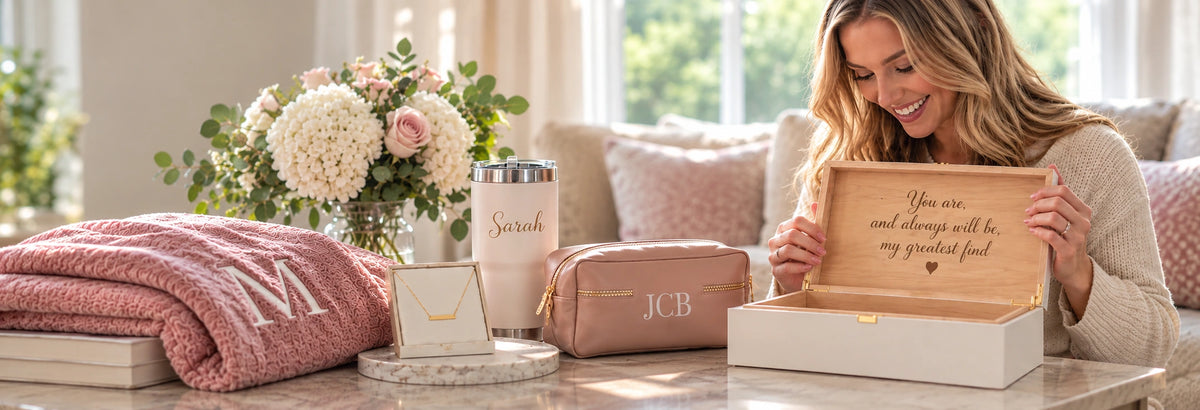 A woman smiling as she opens an engraved keepsake box, next to a personalized cosmetic bag, tumbler, and a bar necklace on a marble stand