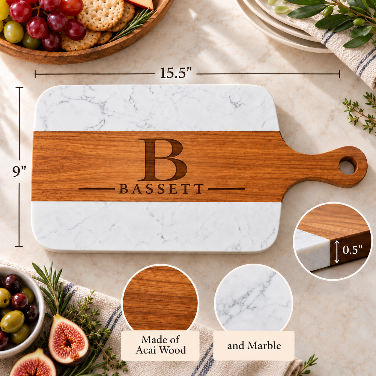 Dimensions diagram of the personalized acacia wood and marble charcuterie board showing 15.5 by 9 by 0.5 inches with monogram initial B and last name Bassett engraved.