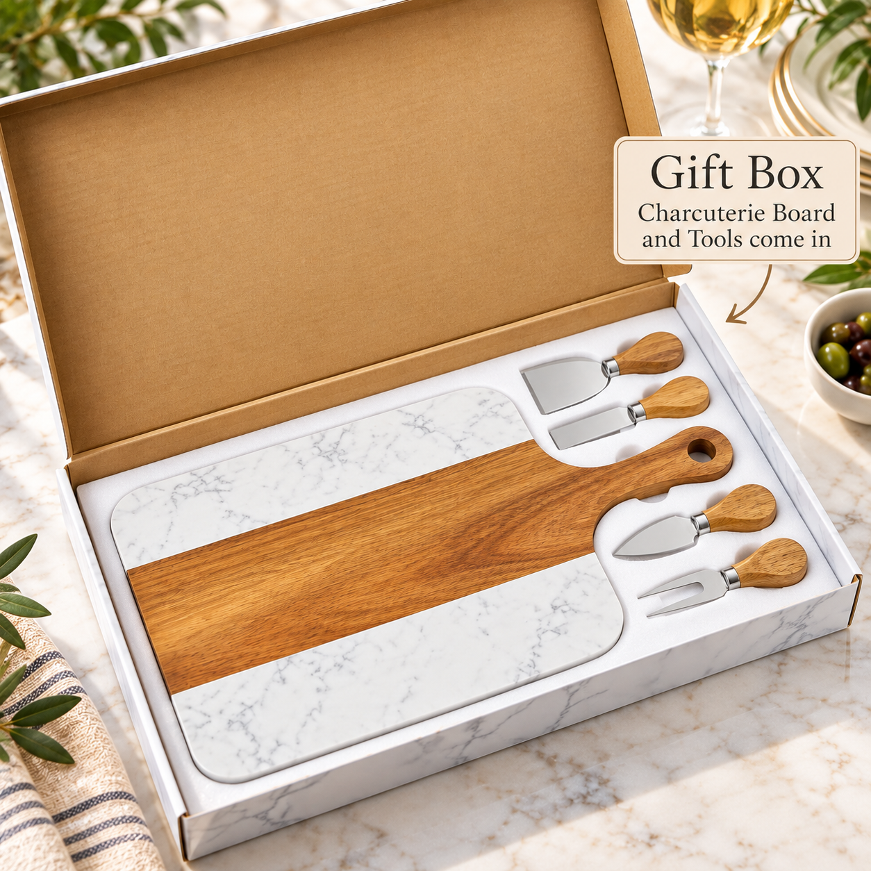 Personalized charcuterie board and four wood-handled cheese tools arranged inside their white gift box, ready to ship as a monogrammed hostess gift.