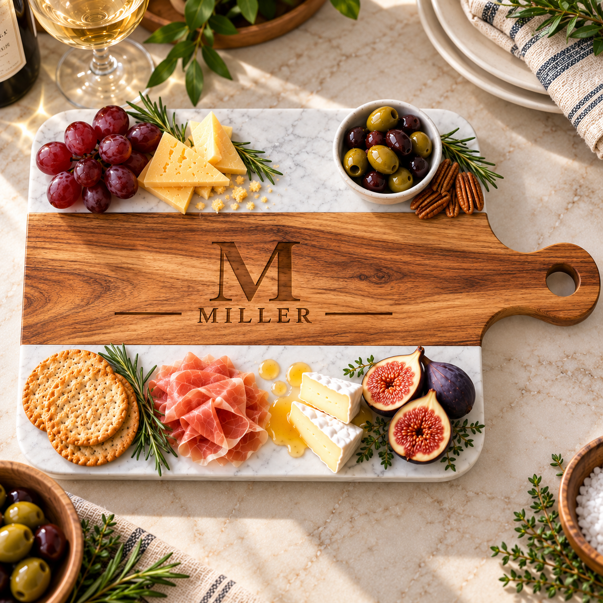 A personalized wooden charcuterie board with a white marble base, styled with cheese, crackers, grapes, olives, ham, figs, and rosemary on a light stone surface.