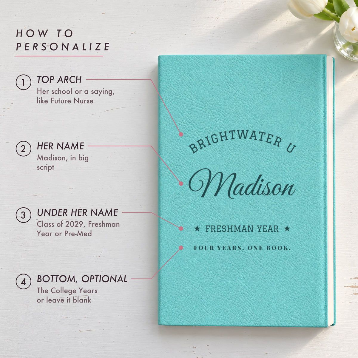How to personalize the college journal for her: top arch, her name, the line under her name and an optional bottom line, shown in teal for Madison