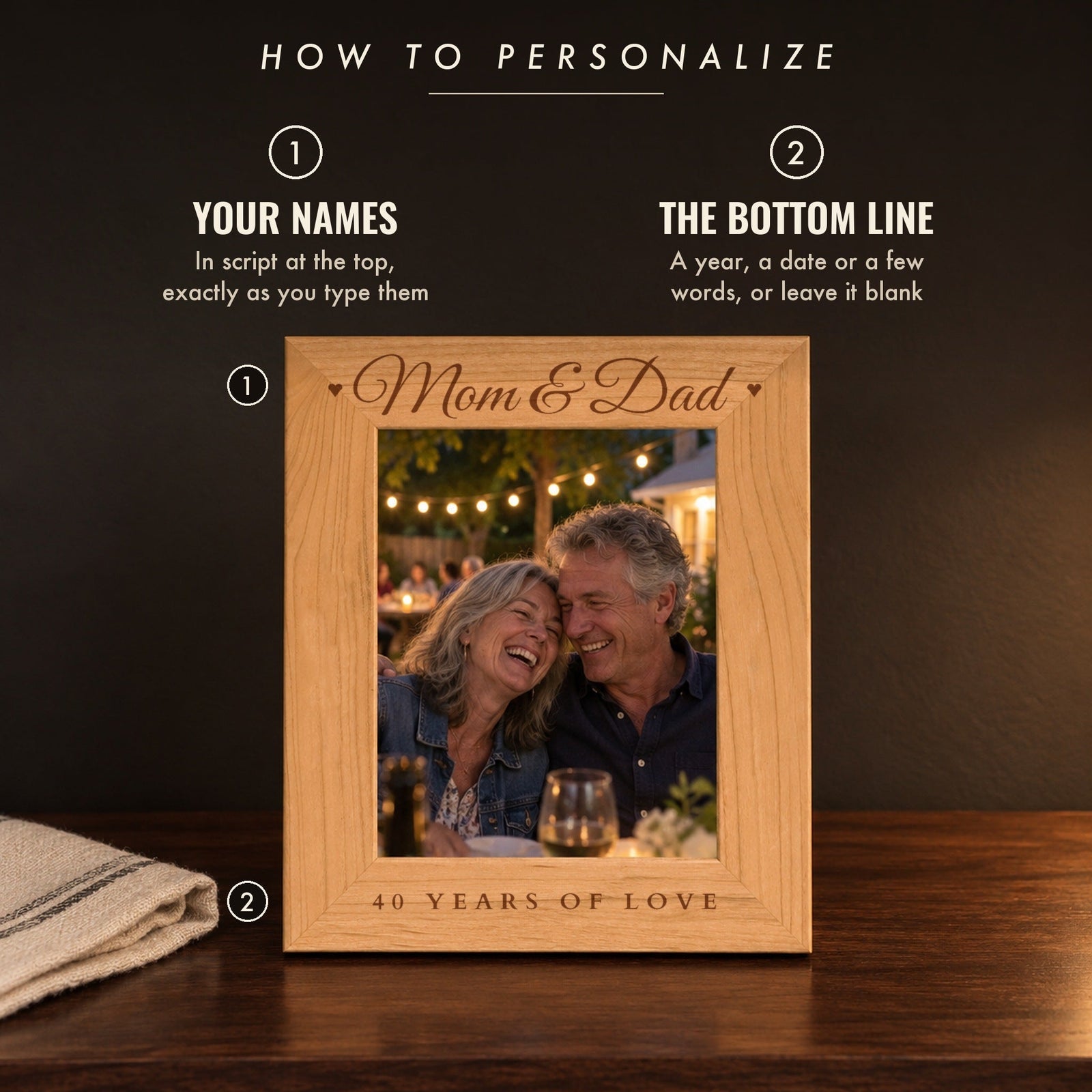 How to personalize the engraved picture frame: your names in script at the top and an optional bottom line, shown as Mom & Dad and 40 Years of Love