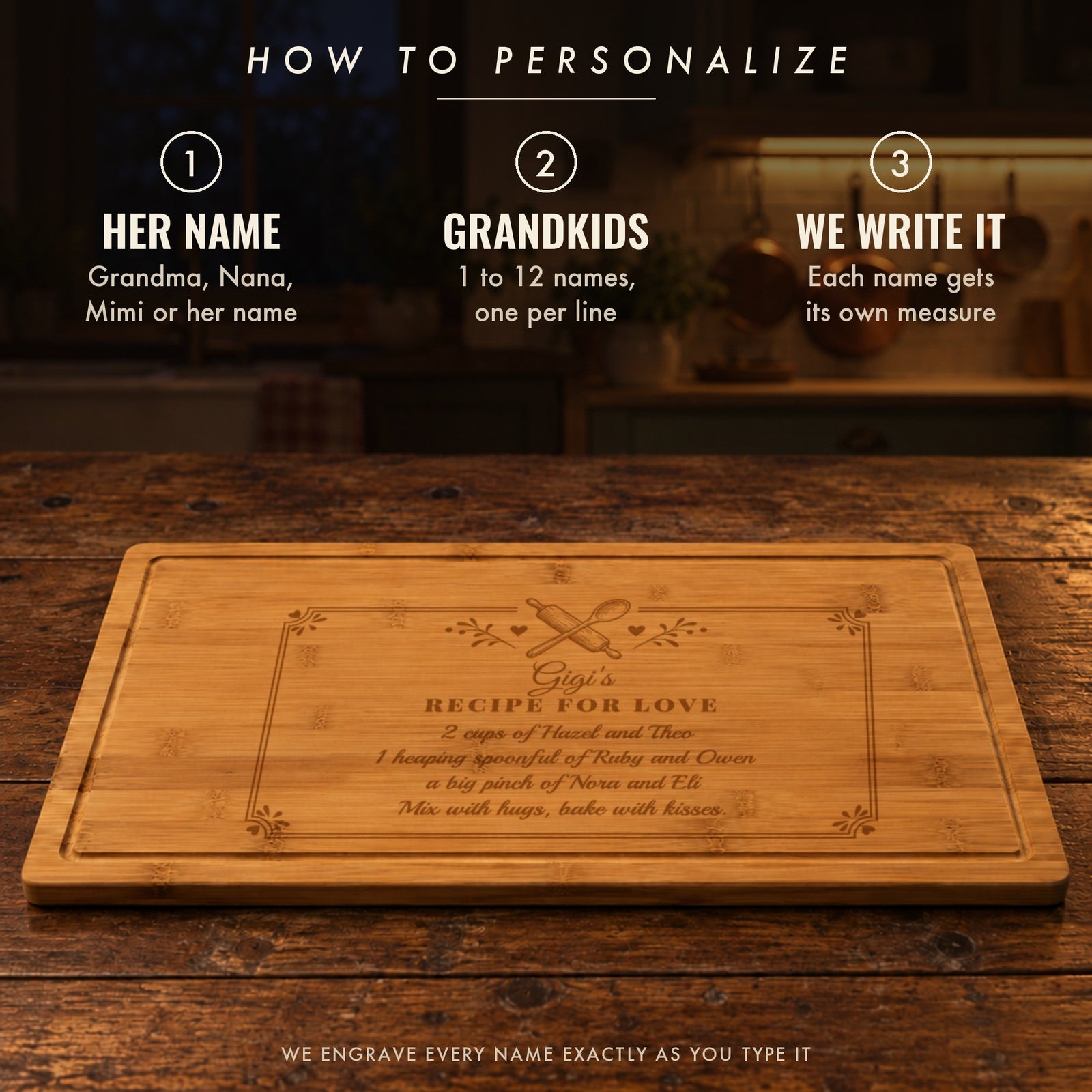 How to personalize the grandma recipe board: type what the grandkids call her and their names, and each name gets its own recipe measure