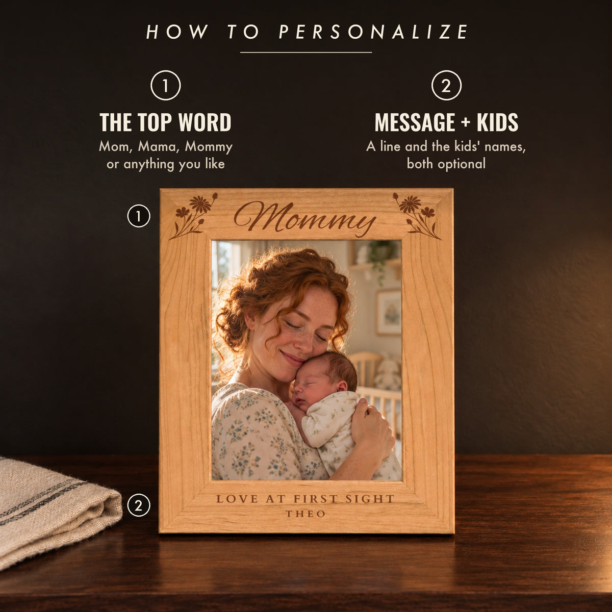 How to personalize the mom picture frame: the top word in script, then an optional message and kids' names, shown as Mommy with Love at First Sight and Theo