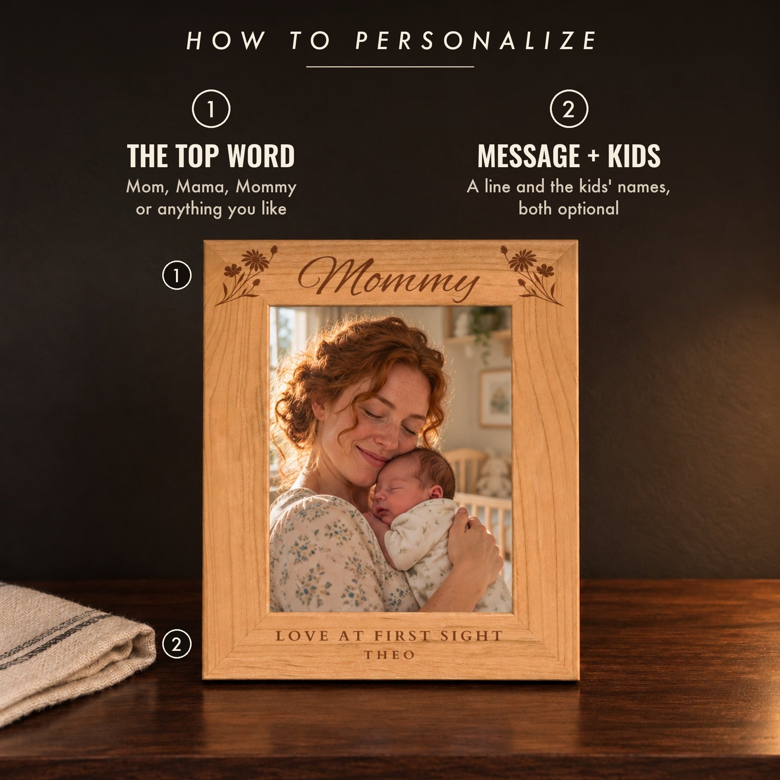 How to personalize the mom picture frame: the top word in script, then an optional message and kids' names, shown as Mommy with Love at First Sight and Theo