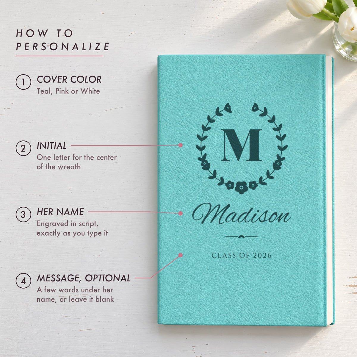 How to personalize the wildflower crest journal: choose a cover color, her initial, her name and an optional message, shown in teal for Madison