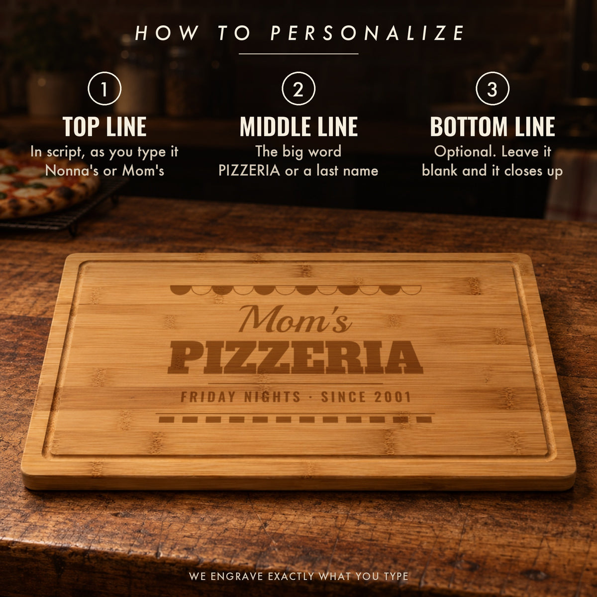 How to personalize the pizza board: her name in script like Mom's, a big middle word like PIZZERIA, and an optional line like FRIDAY NIGHTS SINCE 2001