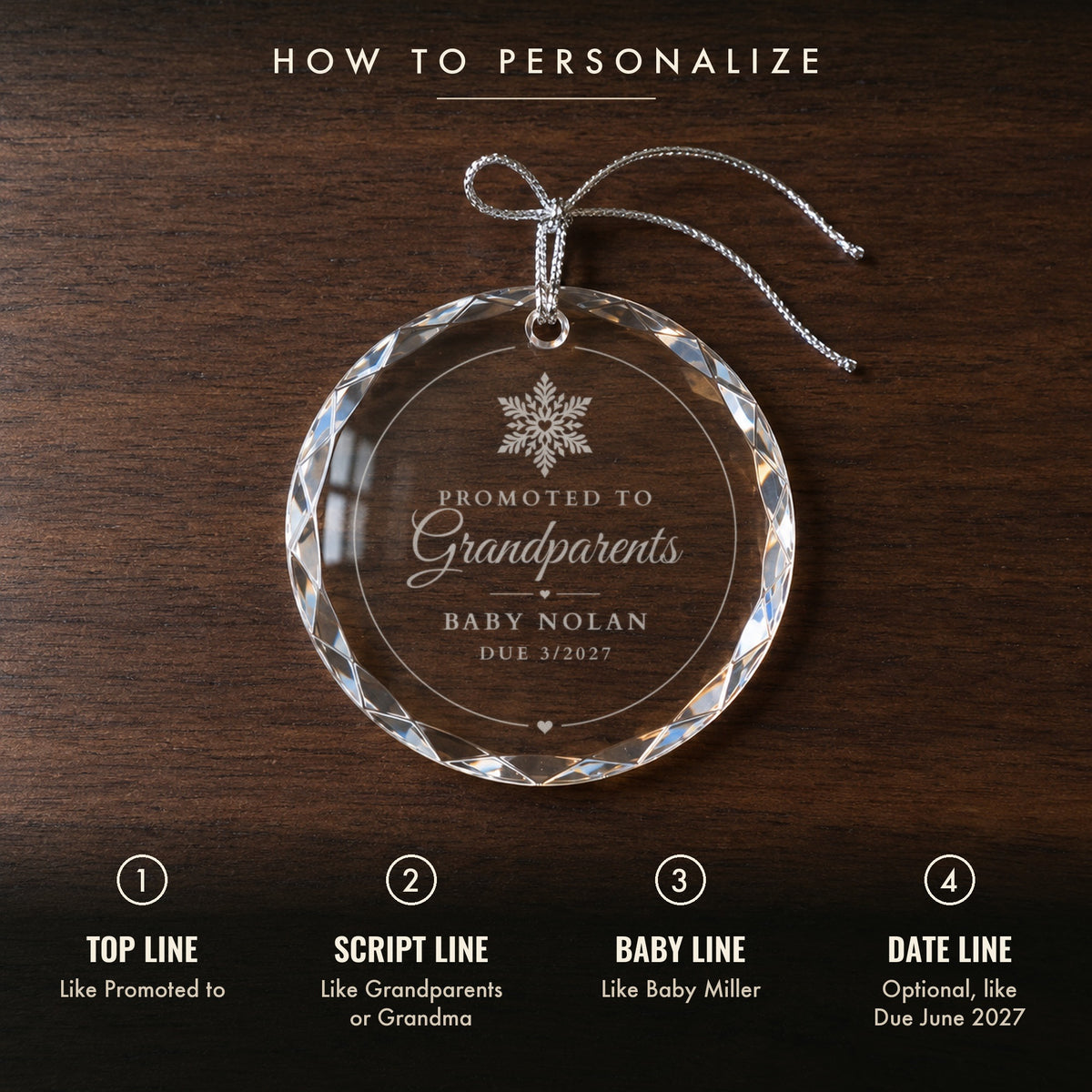 How to personalize the Promoted to Grandparents ornament: top line, script line, baby line and an optional date line, shown on Baby Nolan