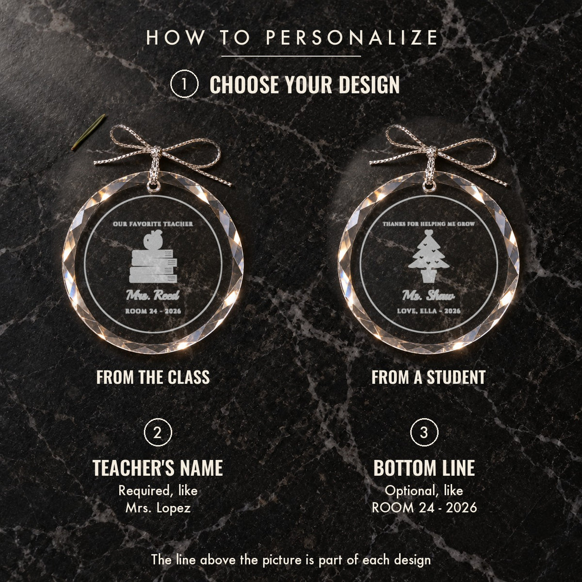 How to personalize the teacher ornament: choose From the Class or From a Student, type the teacher's name, then add an optional bottom line like ROOM 24
