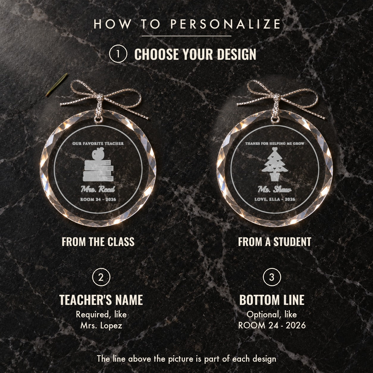How to personalize the teacher ornament: choose From the Class or From a Student, type the teacher's name, then add an optional bottom line like ROOM 24
