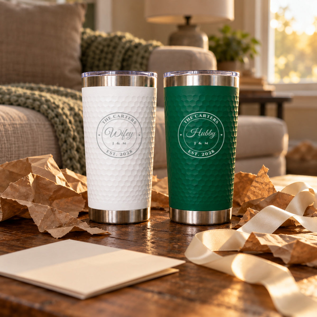Engraved Hubby and Wifey tumblers for The Carters, Est. 2028, among torn kraft wrapping paper, a personalized gift for the couple